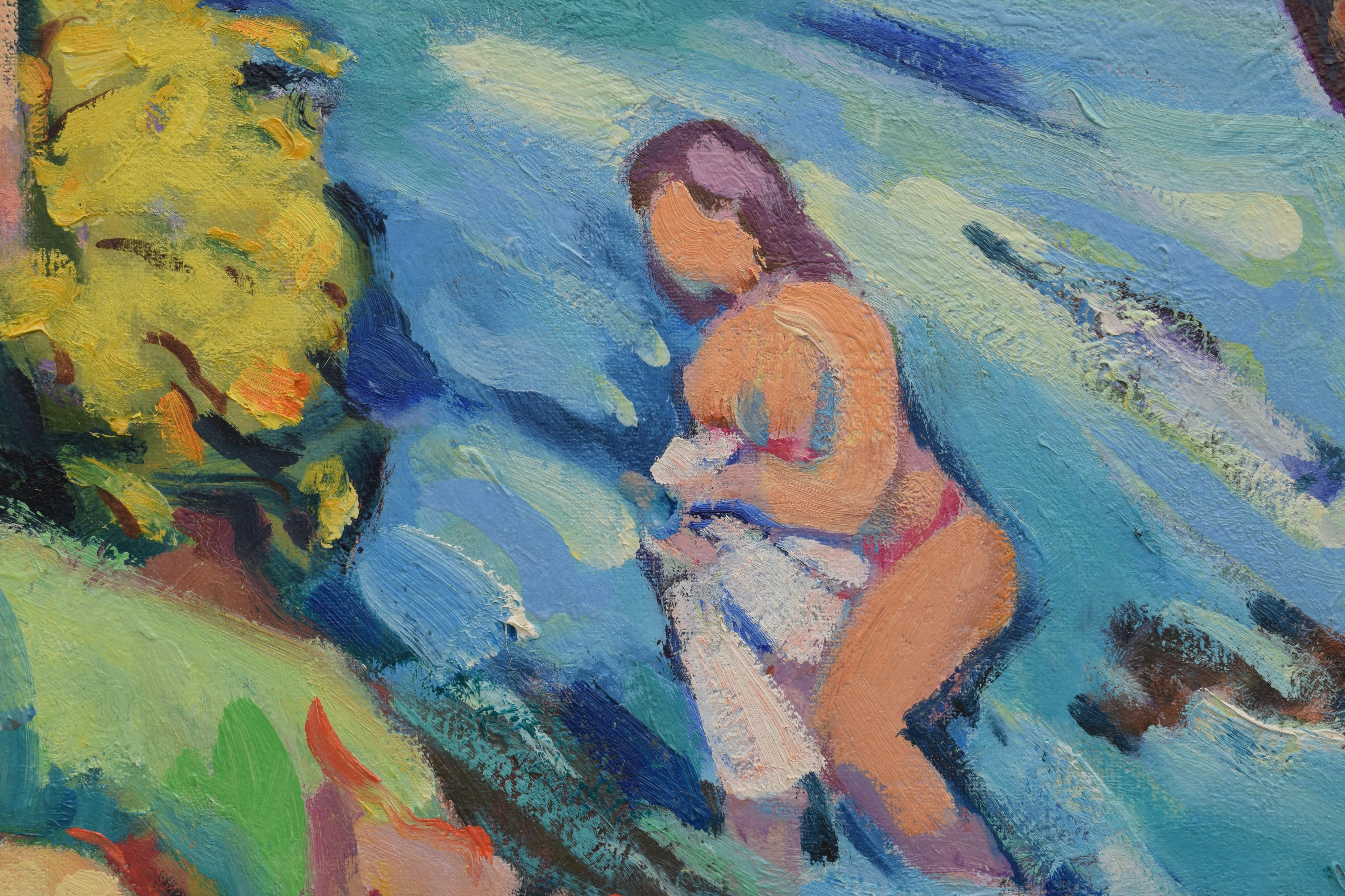 Bathers nearby the river - Oil on canvas Fauvist Dutch Artist Figurative Art 2