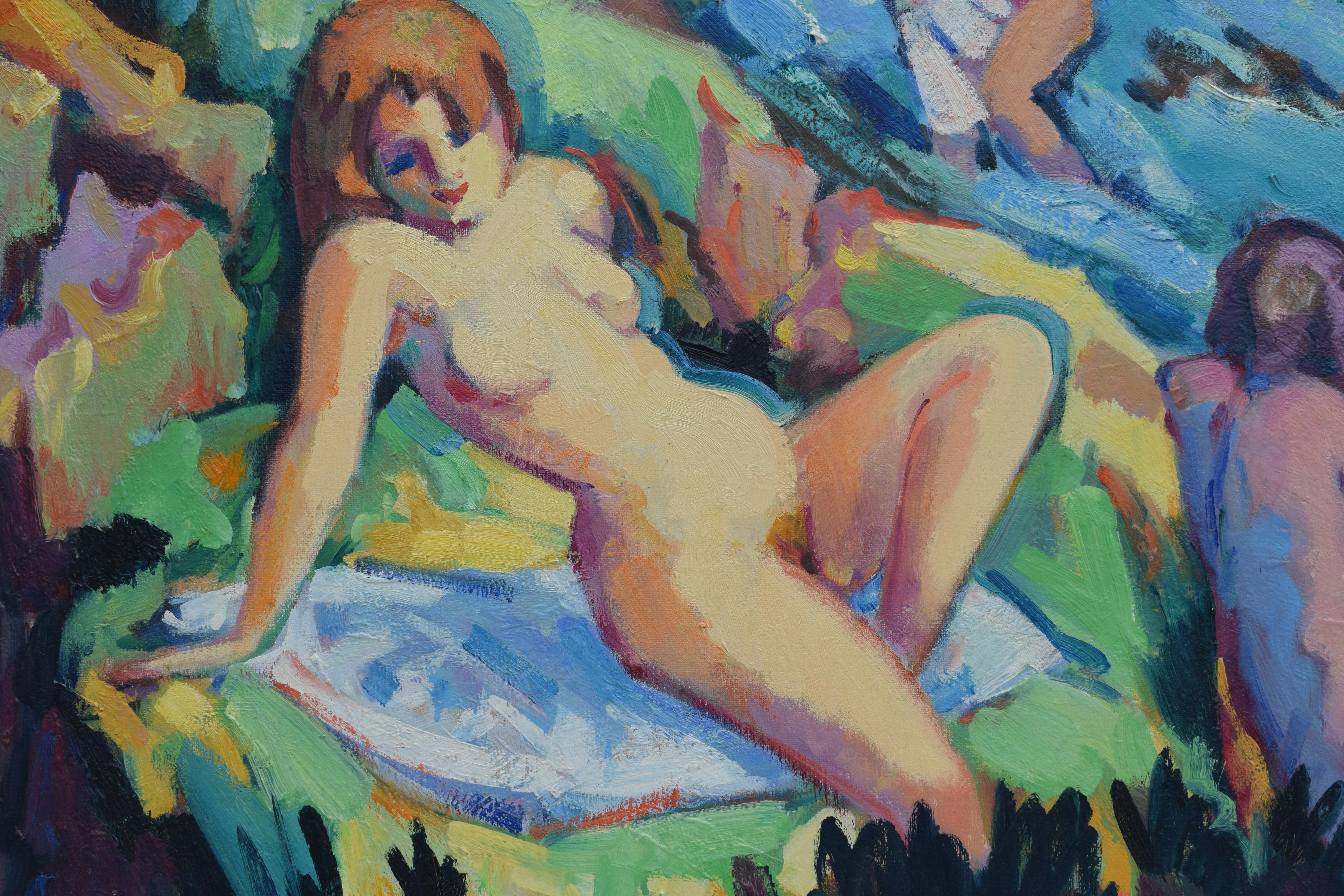 Bathers nearby the river - Oil on canvas Fauvist Dutch Artist Figurative Art 5