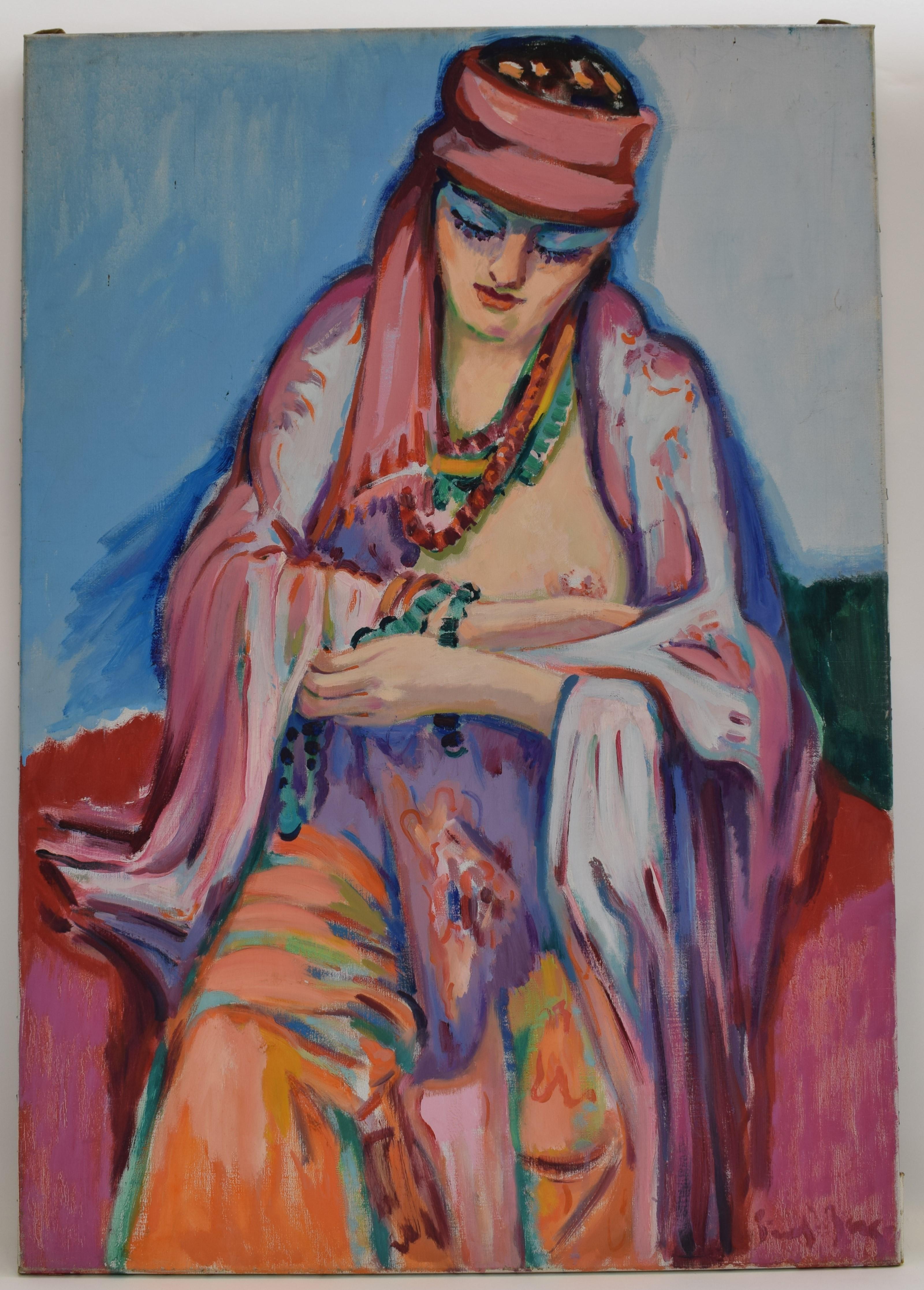 Freek van den Berg Portrait Painting - The pink scarf - Oil Paint on Canvas, Fauvist, Dutch Artist, Portrait, Painting