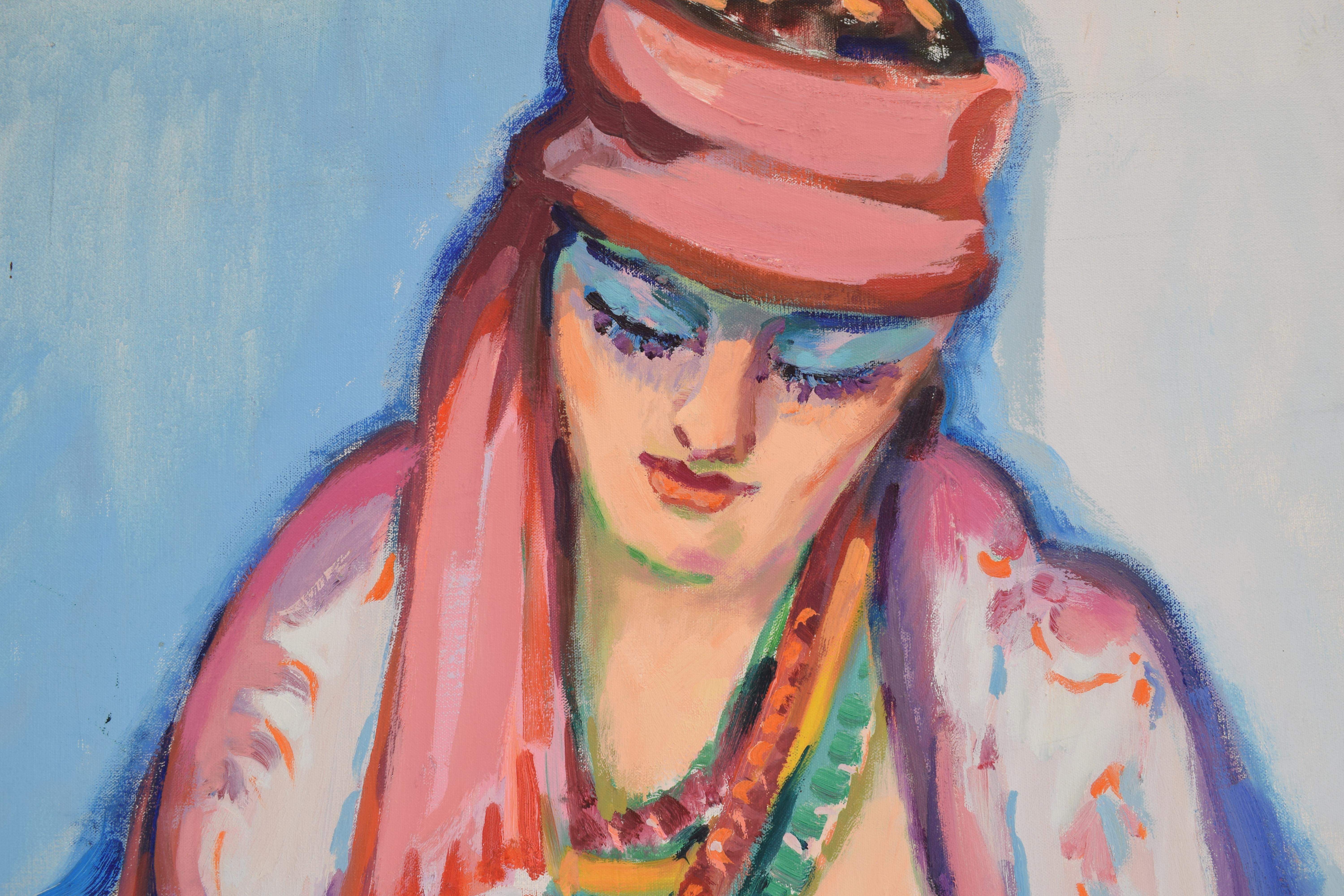 The pink scarf - Oil Paint on Canvas, Fauvist, Dutch Artist, Portrait, Painting For Sale 1