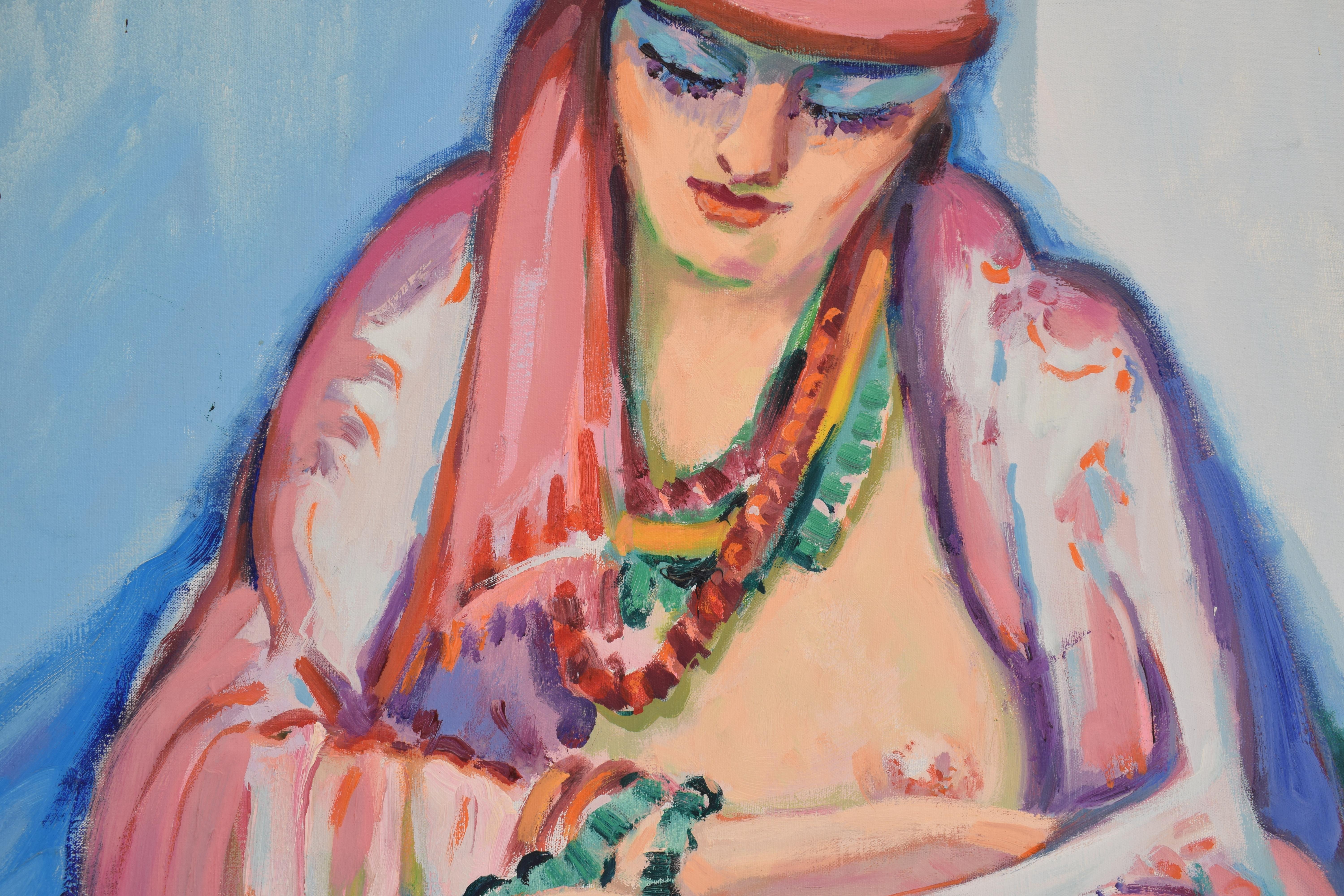 The pink scarf - Oil Paint on Canvas, Fauvist, Dutch Artist, Portrait, Painting For Sale 2