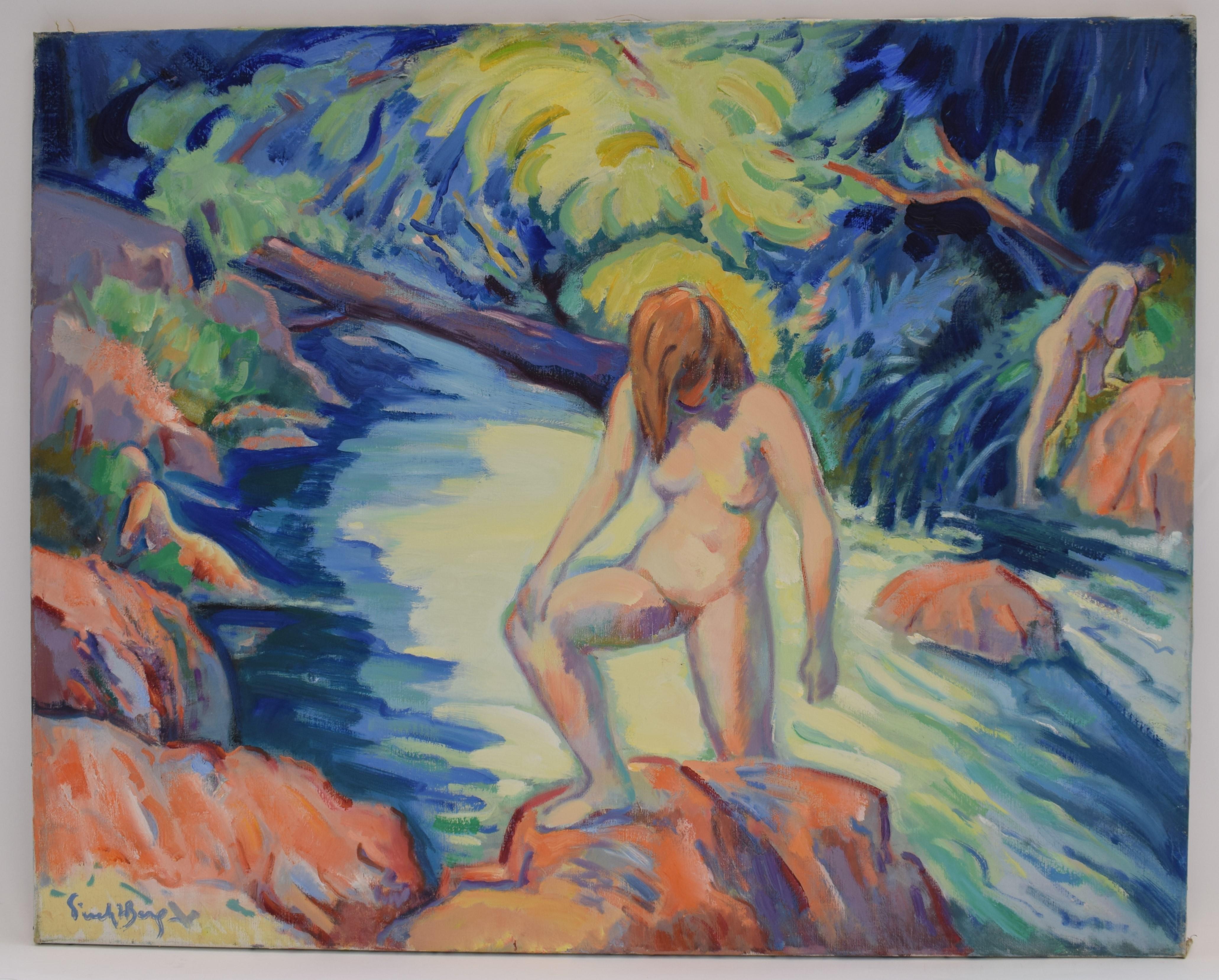 Freek van den Berg Nude Painting -  Nude portrait in nature - Oil Paint on Canvas, Fauvist, Dutch Artist, Painting