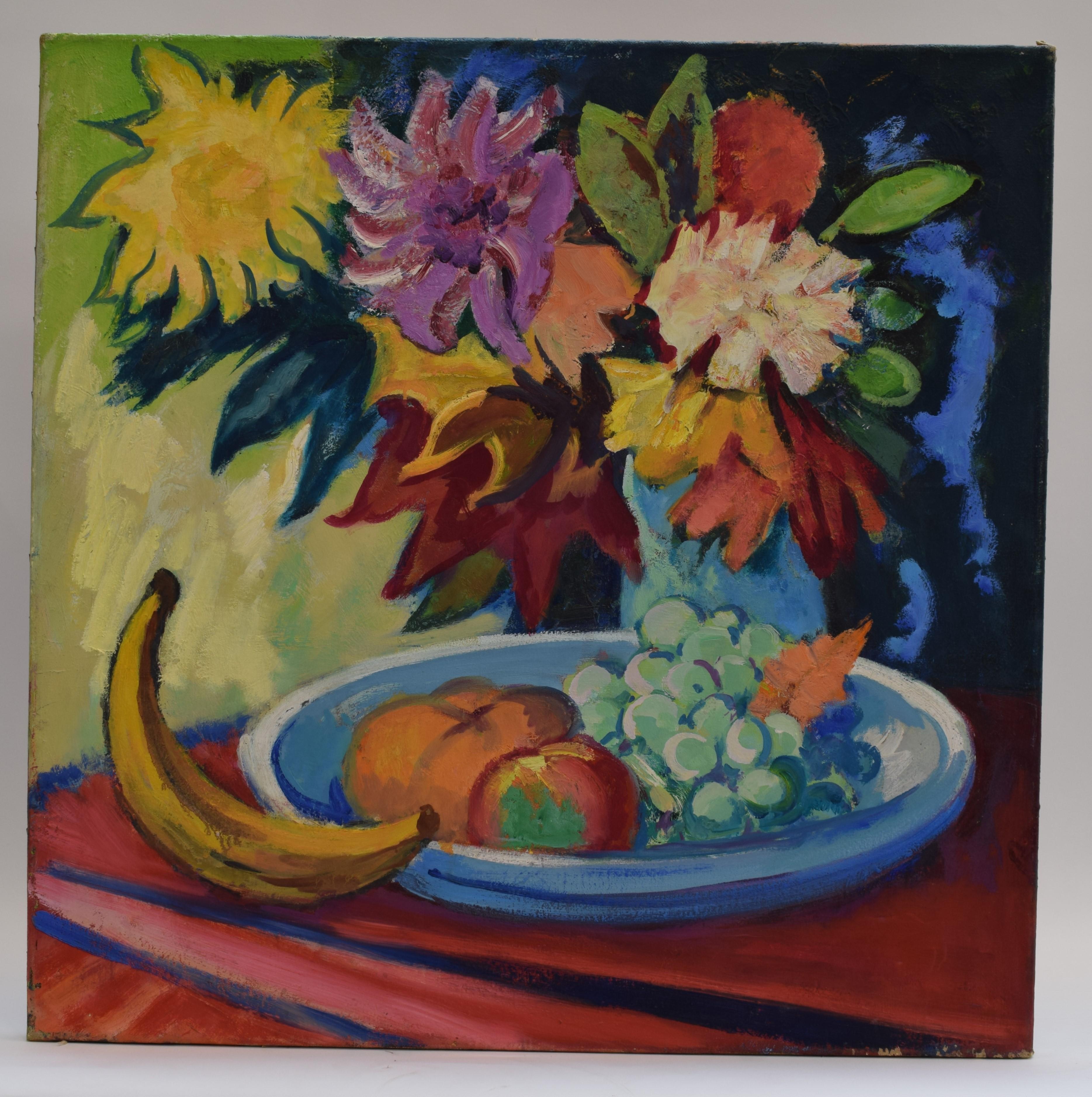Freek van den Berg Still-Life Painting -  Still life with banana - Oil Paint on Canvas, Fauvist, Dutch Artist, Colorful