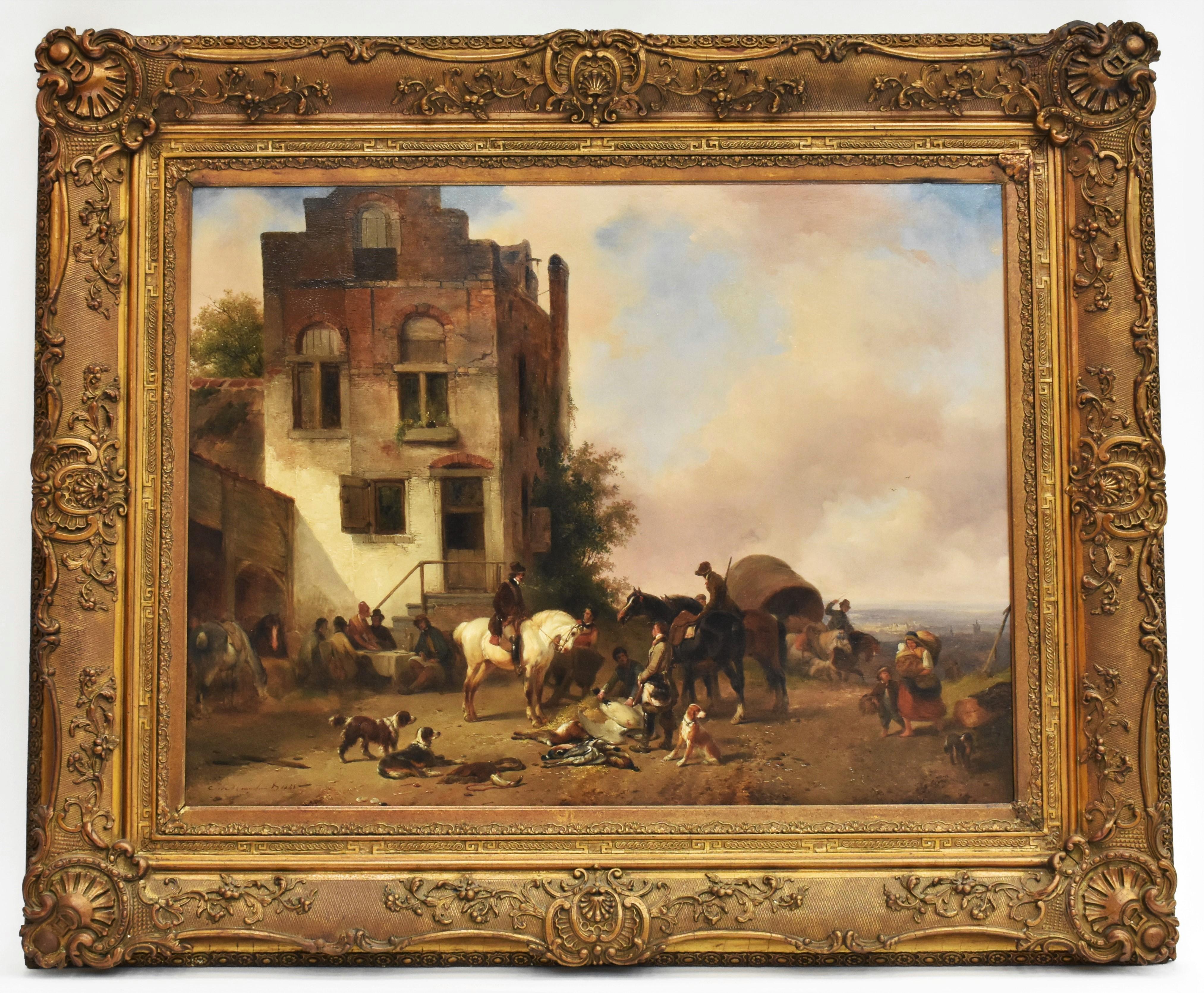 Jozef Moerenhout Figurative Painting - A vibrant village view, Oil paint on panel, 1841 - Romatic European Hunt Horses