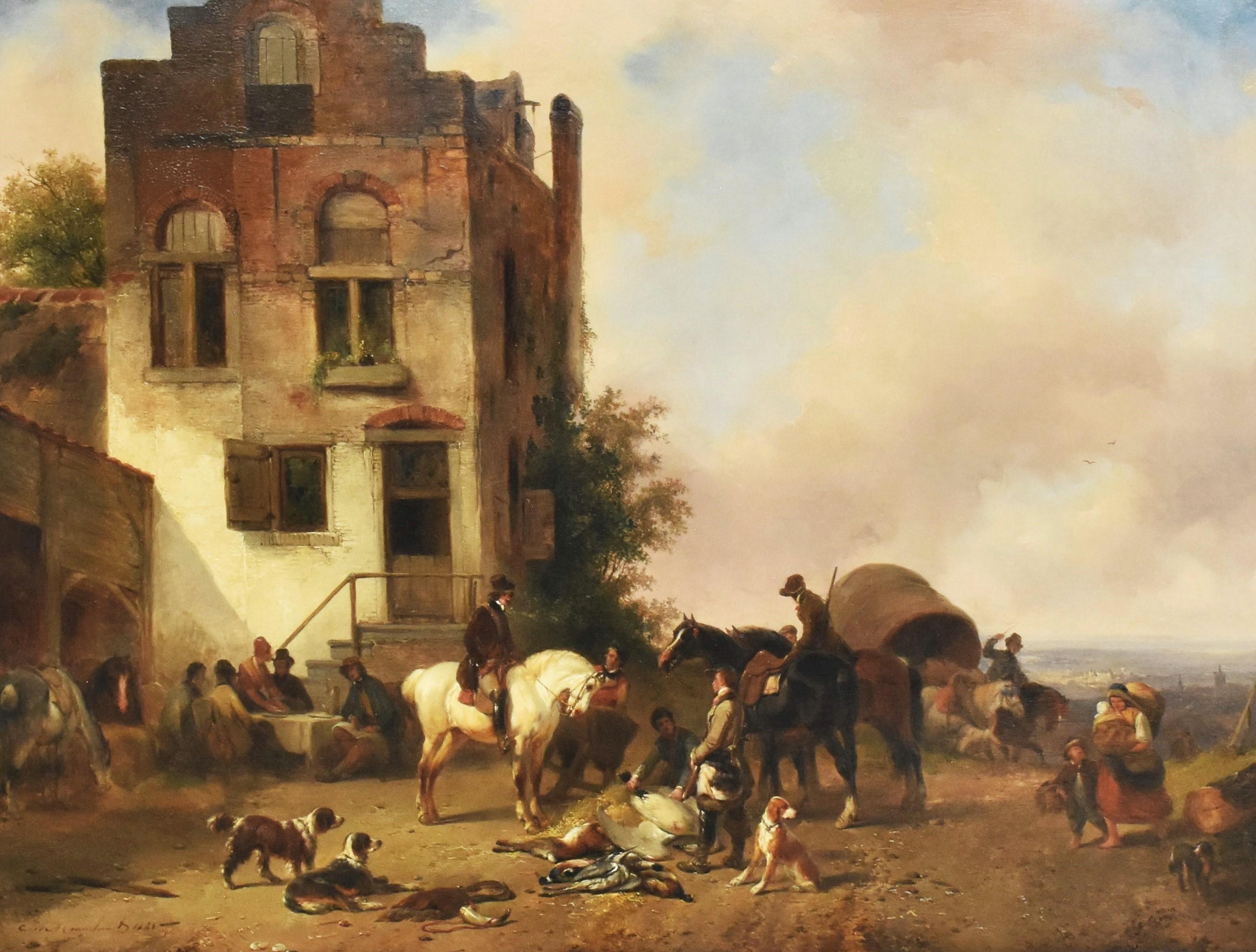 A vibrant village view, Oil paint on panel, 1841 - Romatic European Hunt Horses - Painting by Jozef Moerenhout