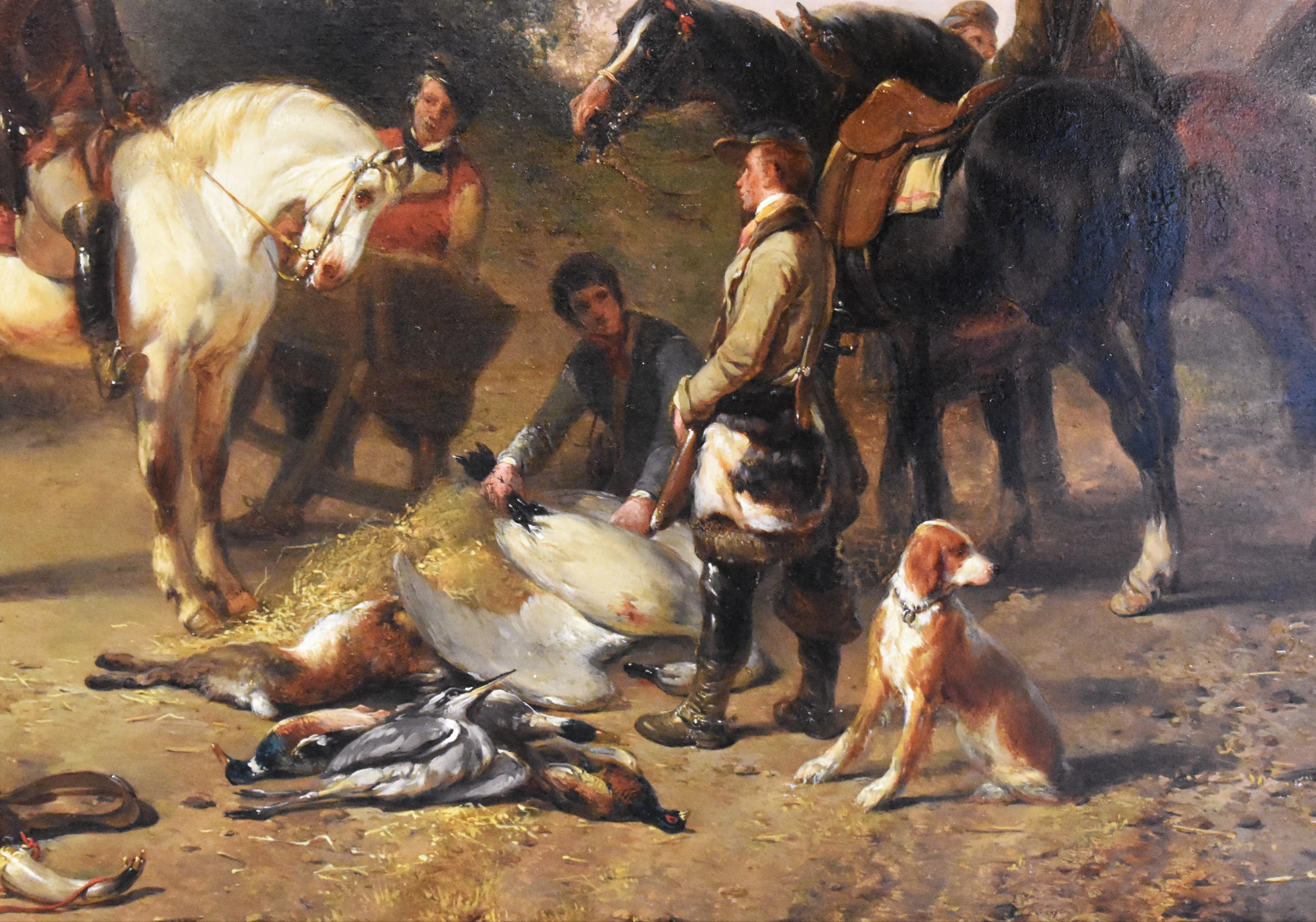 A vibrant village view, Oil paint on panel, 1841 - Romatic European Hunt Horses - Romantic Painting by Jozef Moerenhout