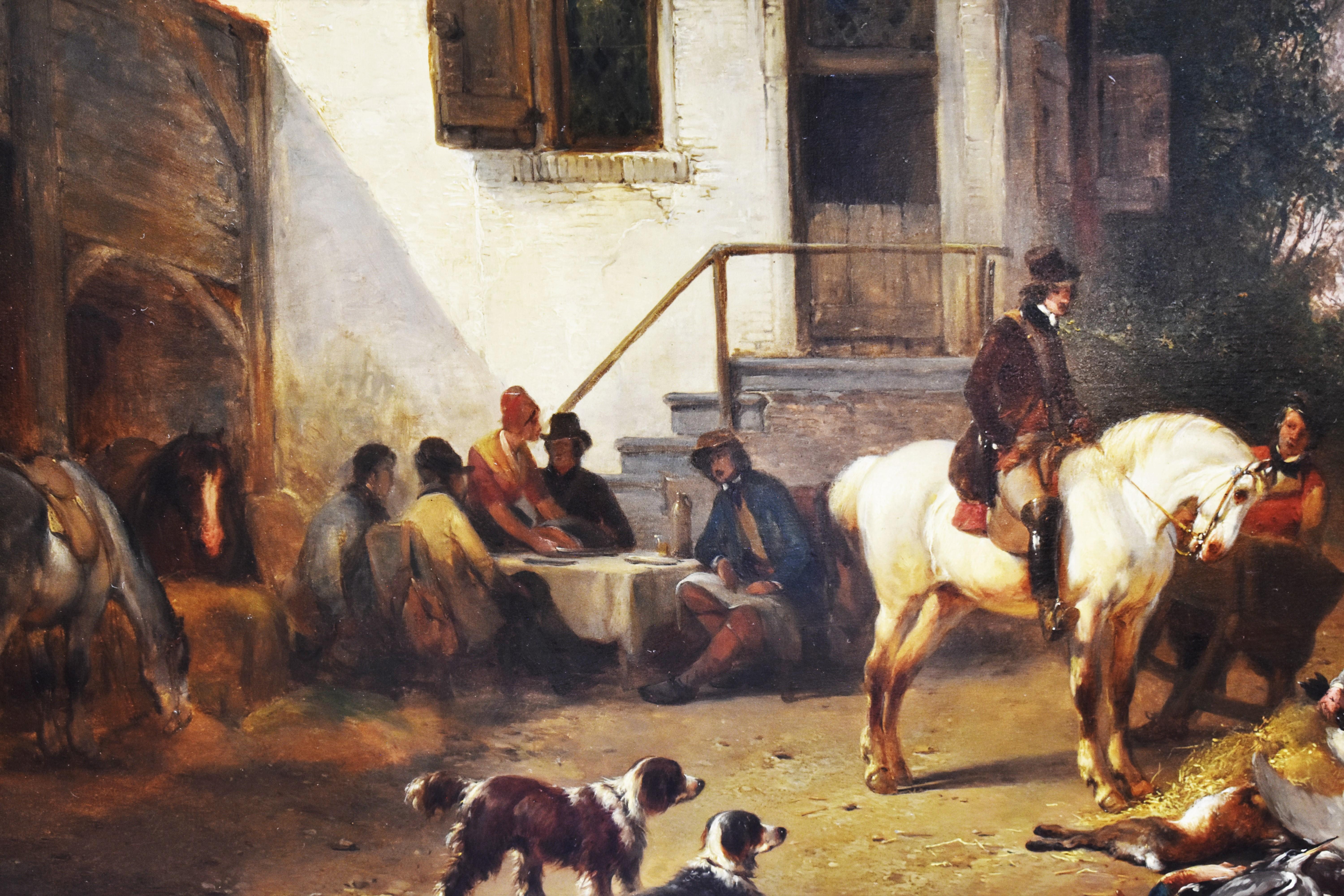 A vibrant village view, Oil paint on panel, 1841 - Romatic European Hunt Horses For Sale 1