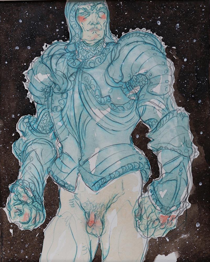 Matted and Framed: Artwork 8" x 10" in 20" x 20" black frame with white matte

"Never Ever" features a watercolor of a half naked man in wearing armor against a starry sky. The painting is done in Rebecca Leveille's signature style. featuring a