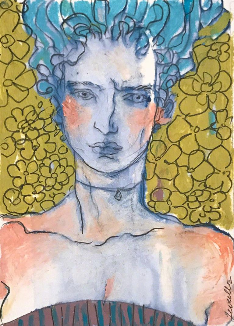 Rebecca Leveille Figurative Art - The Fall, Work on Paper, Portrait, Pastels, Bright Colors, Signed