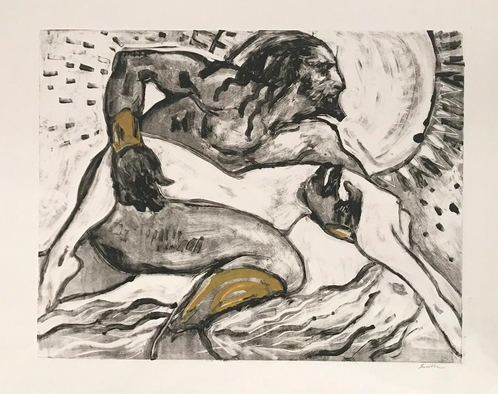 Artwork dimensions 20.5" X 23.5" mounted on wood panel 24" x 36".  Also available framed. 

"Kissed by the Sun" features a monotype of a man holding a nude woman. She lays out dramatically in his arms as the sun sets behind them. This monotype on