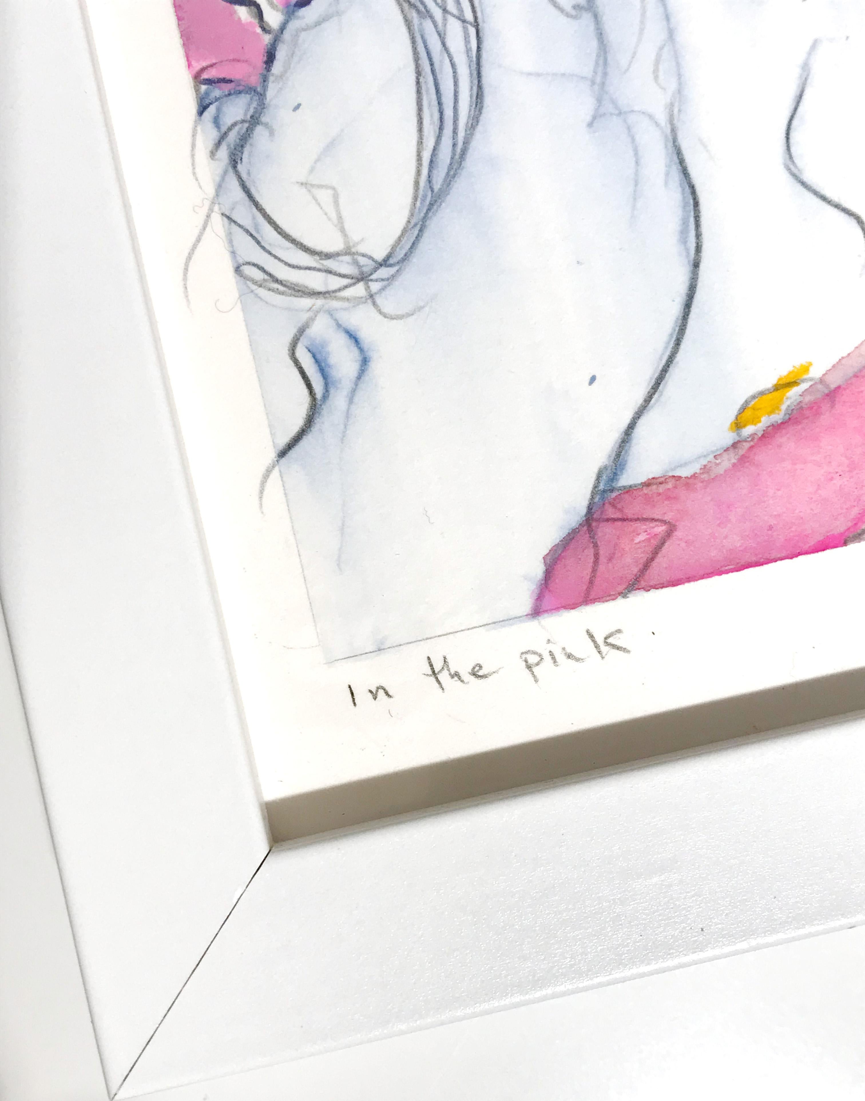 In The Pink, Oil Pastel, Portrait, Bright colors, Signed - Gray Nude by Rebecca Leveille
