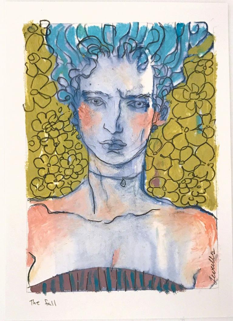 The Fall, Work on Paper, Portrait, Pastels, Bright Colors, Signed - Art by Rebecca Leveille