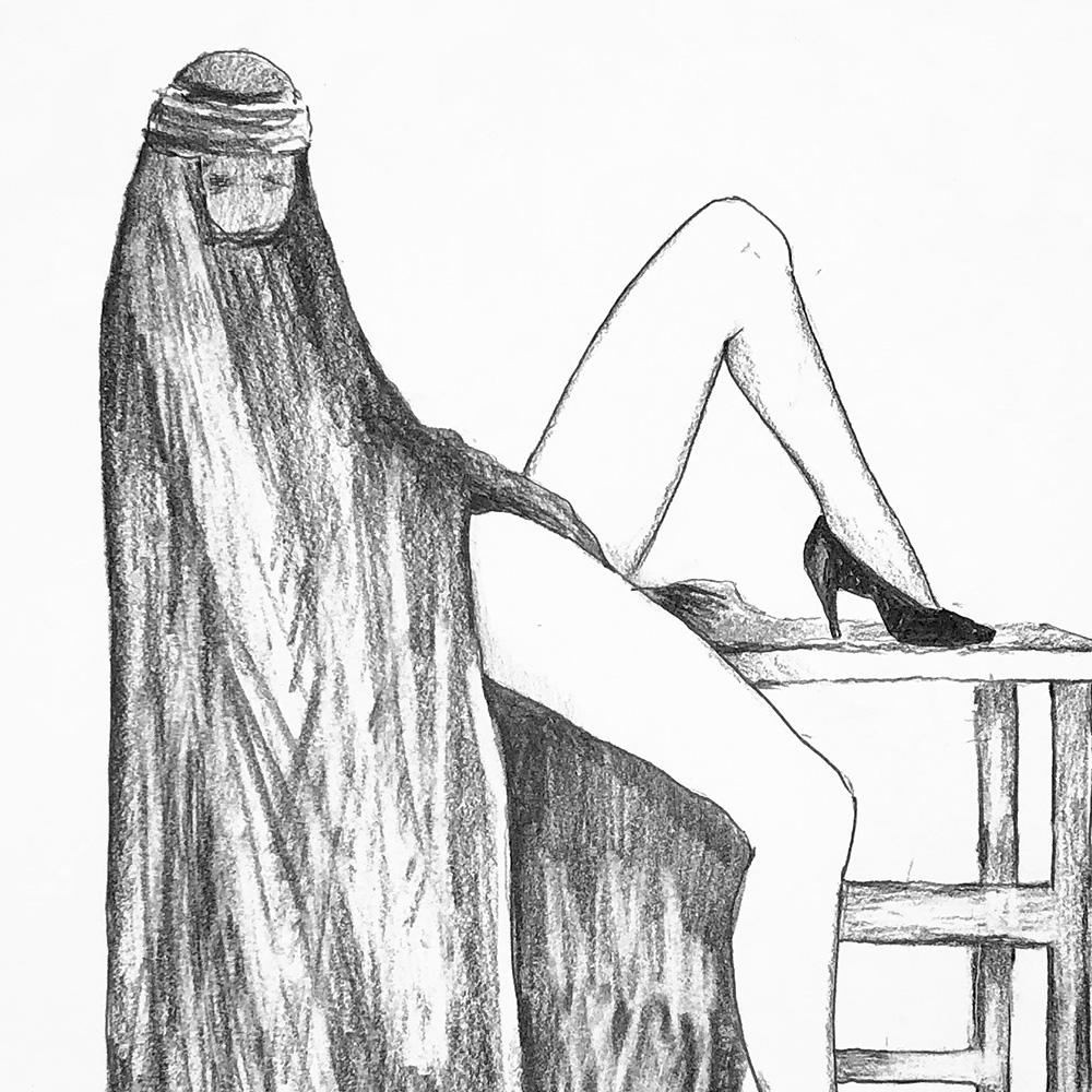 “Censored” features a drawing on paper of a veiled woman reclining and exposing her legs. The background shows a man and a woman having intercourse, and they are artfully covered by the square containing the shrouded woman. In this graphite on paper