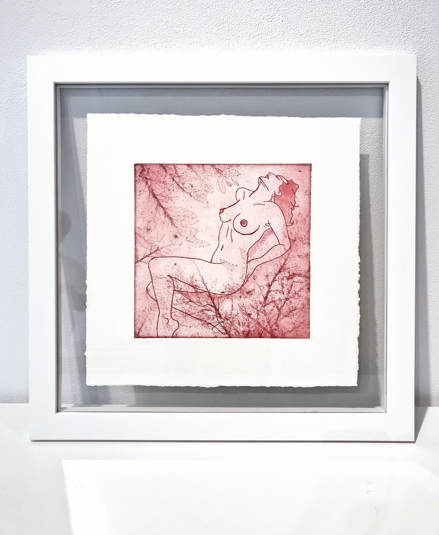 Girl in Red, Intaglio Etching, Watercolor on Paper, Figurative, Signed, Framed - Beige Figurative Art by Indira Cesarine