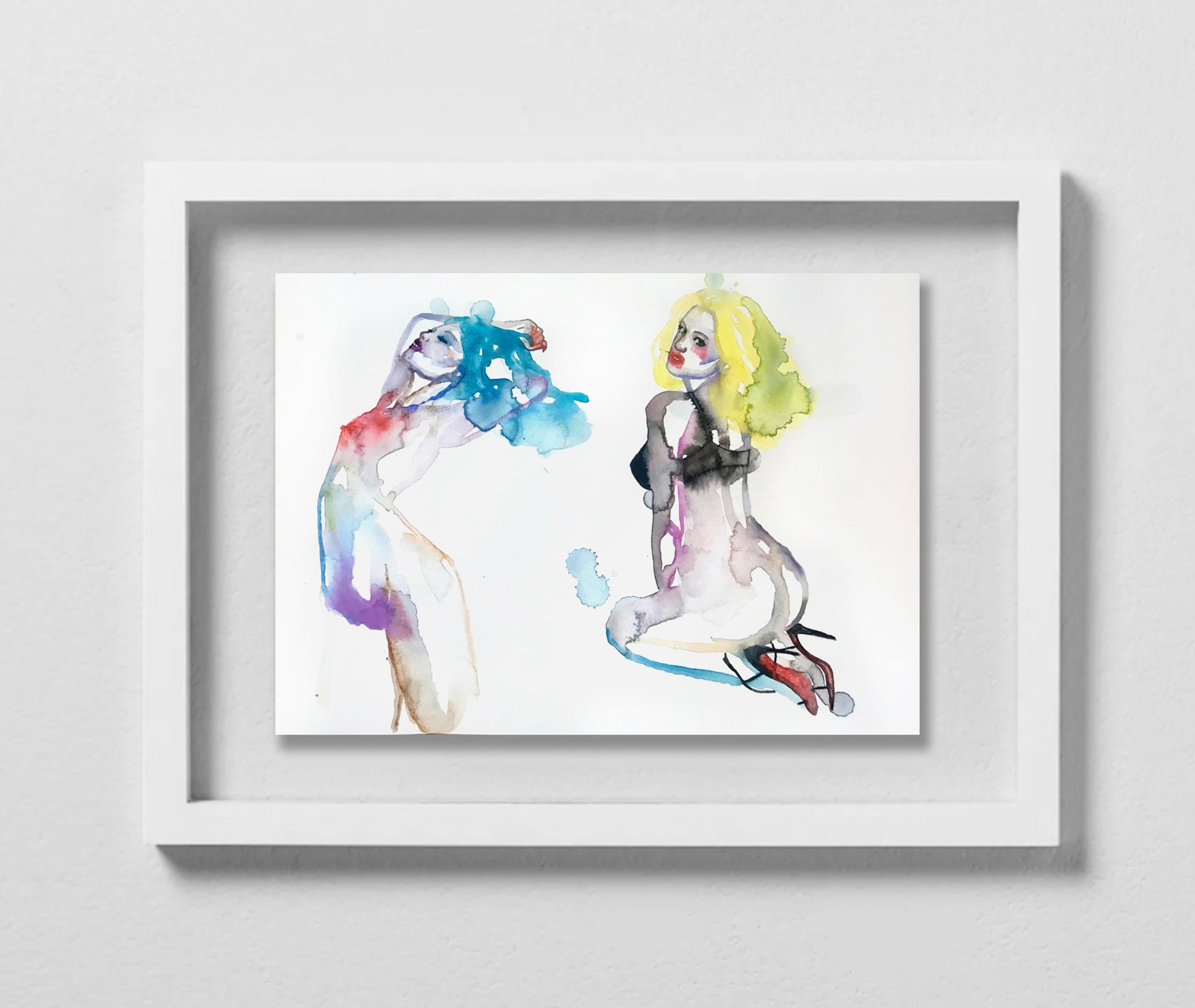 INCIDENTS CRIMINELLES, Watercolor, Painting, Figurative, Nude, Signed, Framed – Art von Fahren Feingold