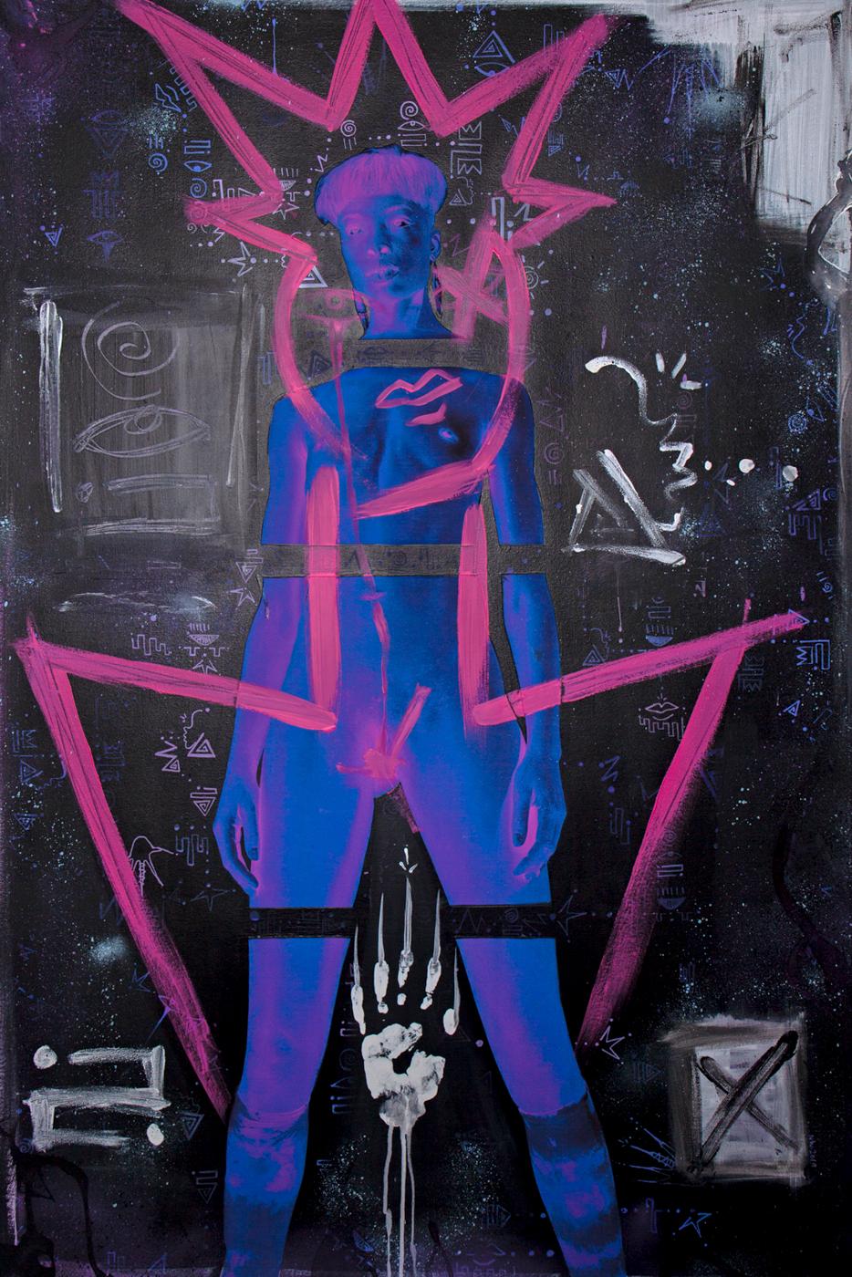 Alter Ego, Painting, Mixed Media, Photo, Acrylic, Spray Paint on Canvas, Signed - Purple Figurative Painting by Nichole Washington