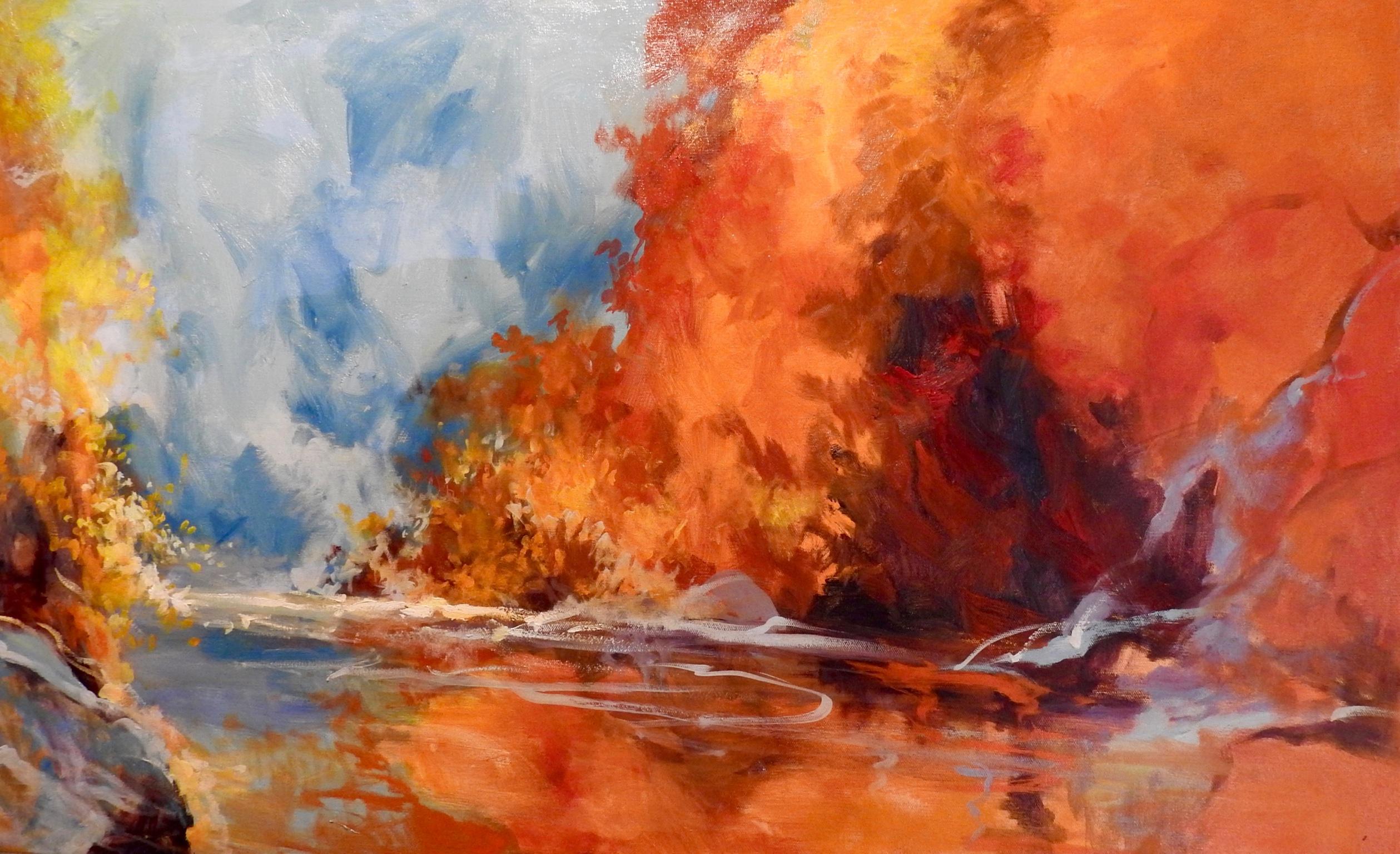 Chris Trella Koczwara Landscape Painting - "Autumnul still Riverbend"  Saturated Contemporary Oil Painting, Titian, Auburn