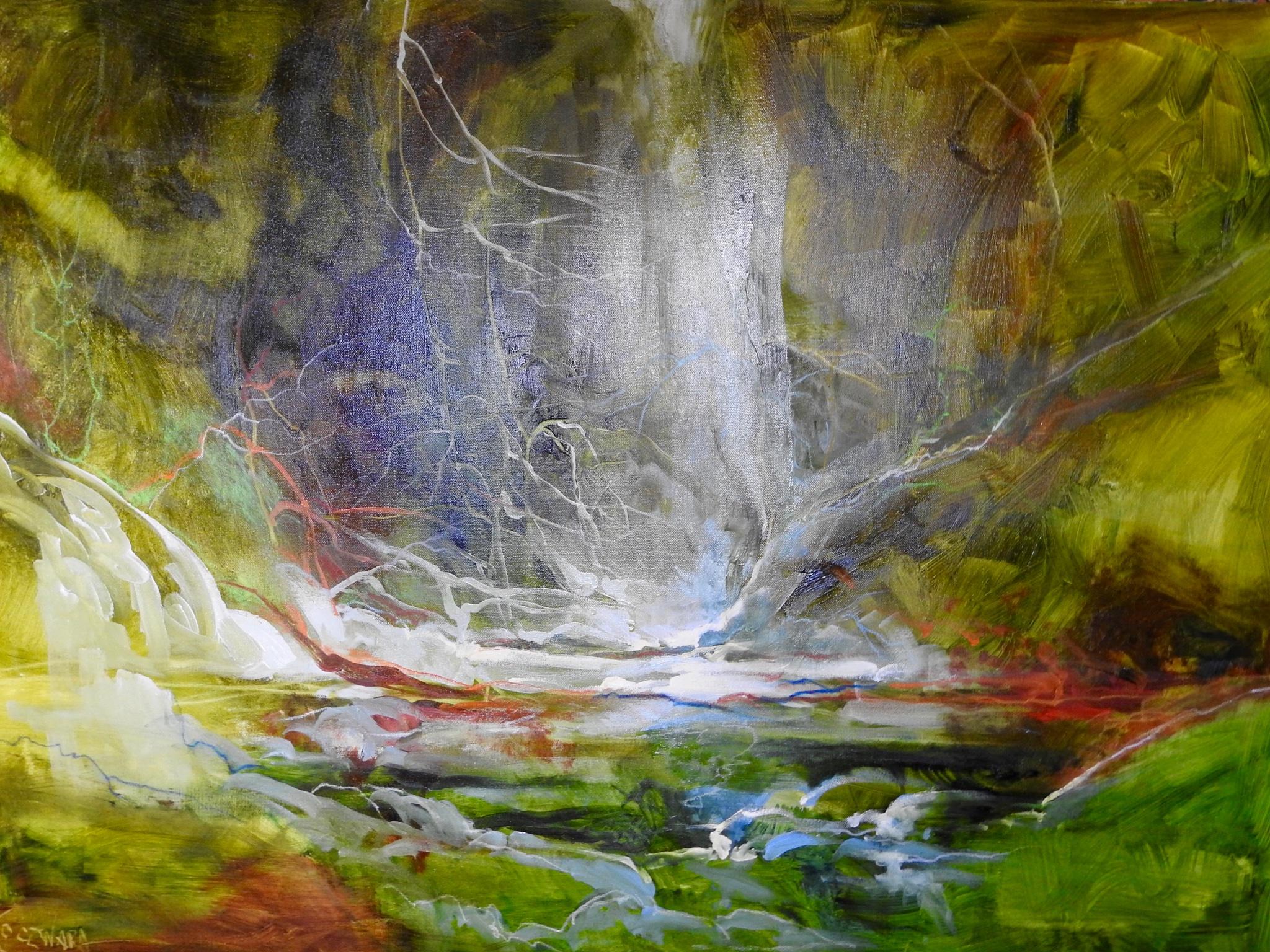 Aquarelle « Thicket » enfermée par la forêt, peinture à l'huile contemporaine 13