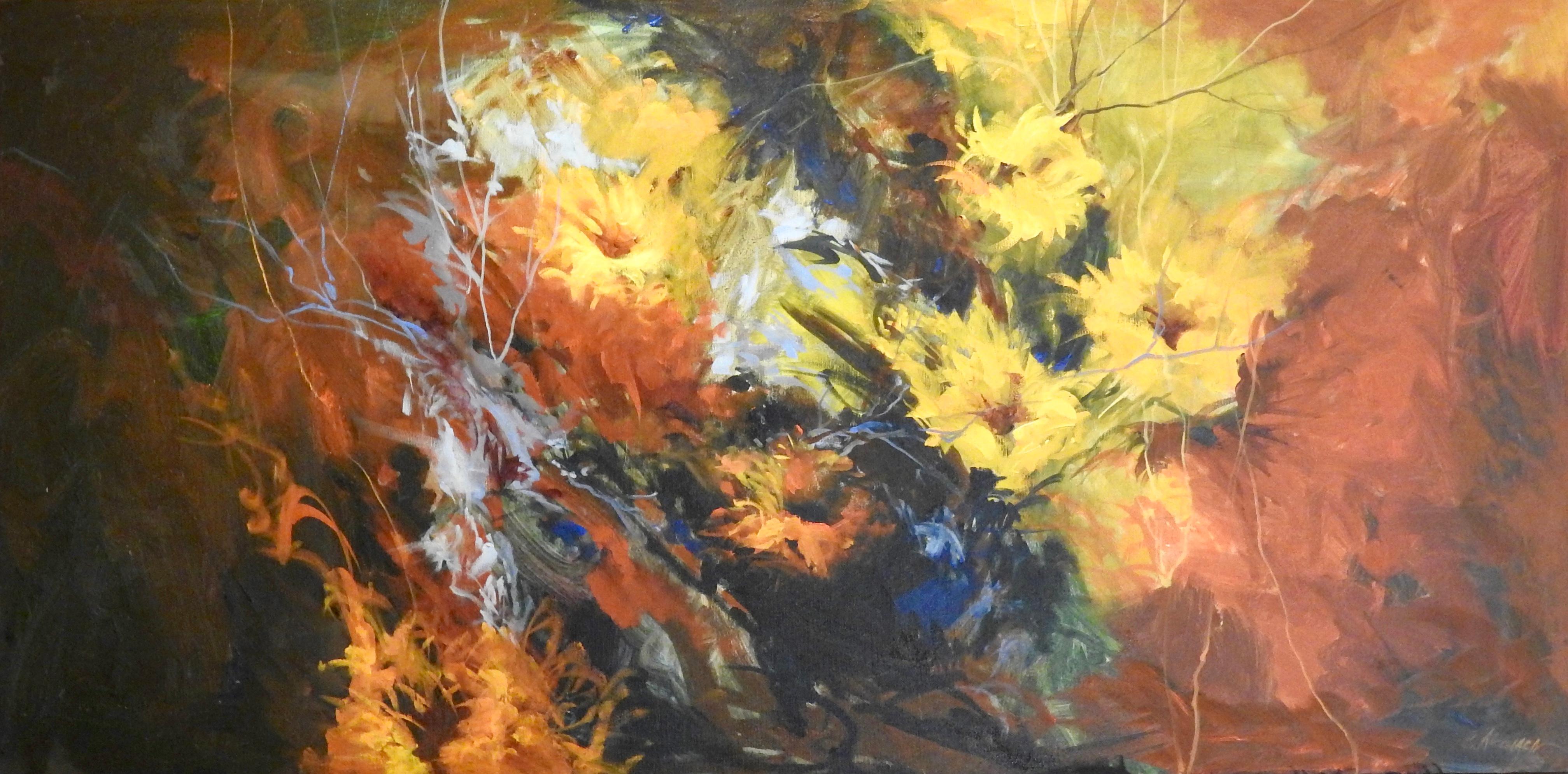 Chris Trella Koczwara Abstract Painting - "Bleeding Flowers of Yellows, Reds, and Orange" Oil Paint, Abstract Background
