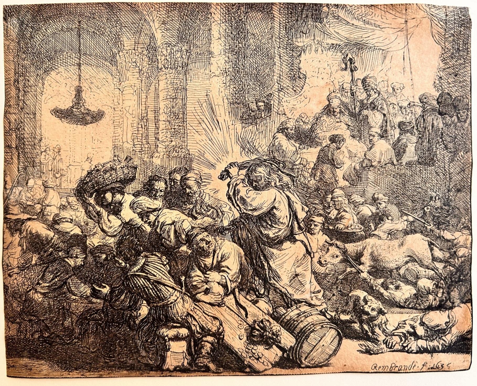 Le Christ chevauchant les changeurs de monnaie du temple - Rembrandt, néerlandais, gravure - Art de Rembrandt van Rijn