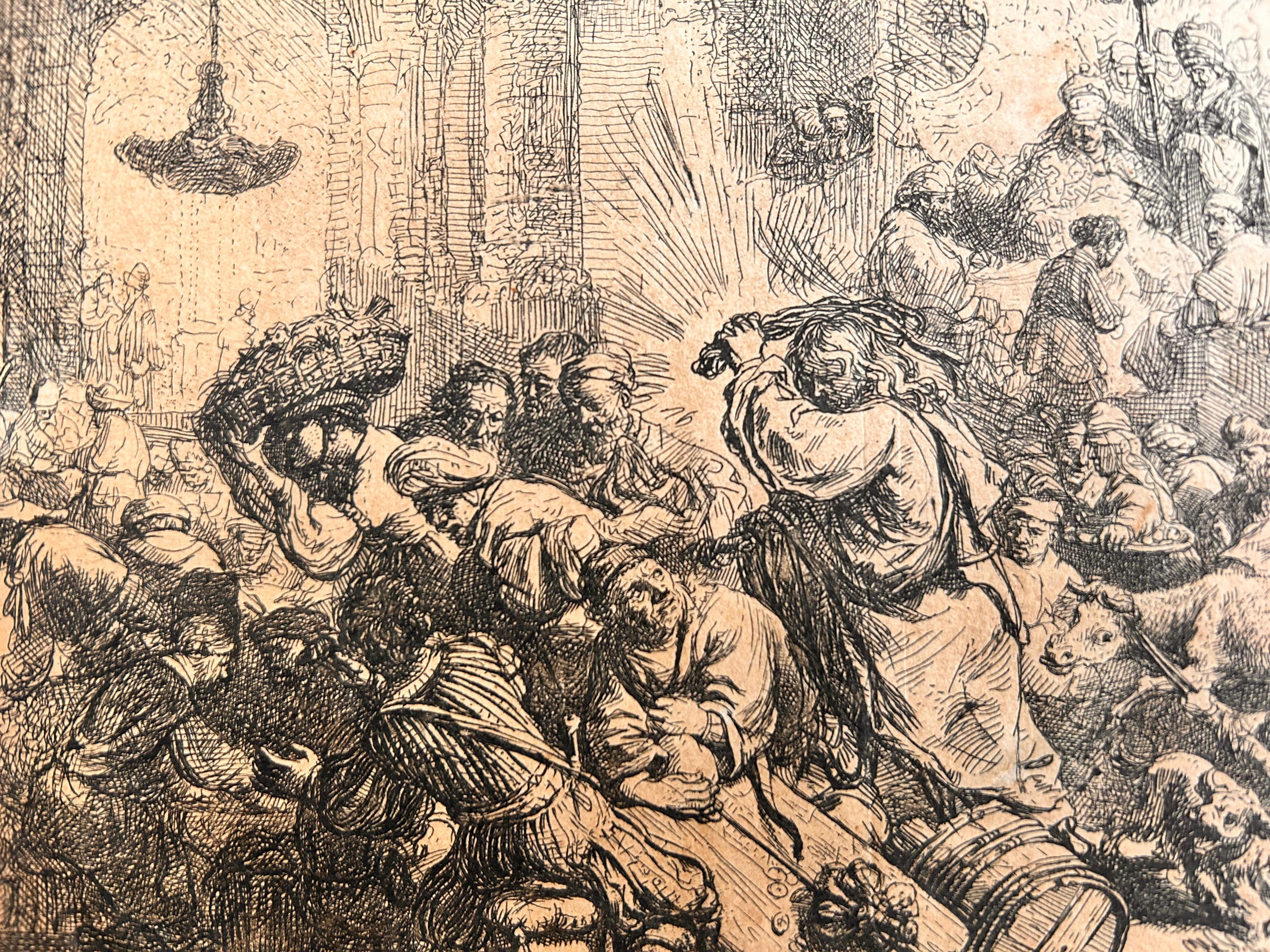 Le Christ chassant les changeurs du Temple par le peintre, graveur et dessinateur néerlandais de l'âge d'or, Rembrandt Harmenszoon van Rijn, généralement connu sous le nom de Rembrandt.
Cette eau-forte avec des touches de pointe sèche, 1635, sur