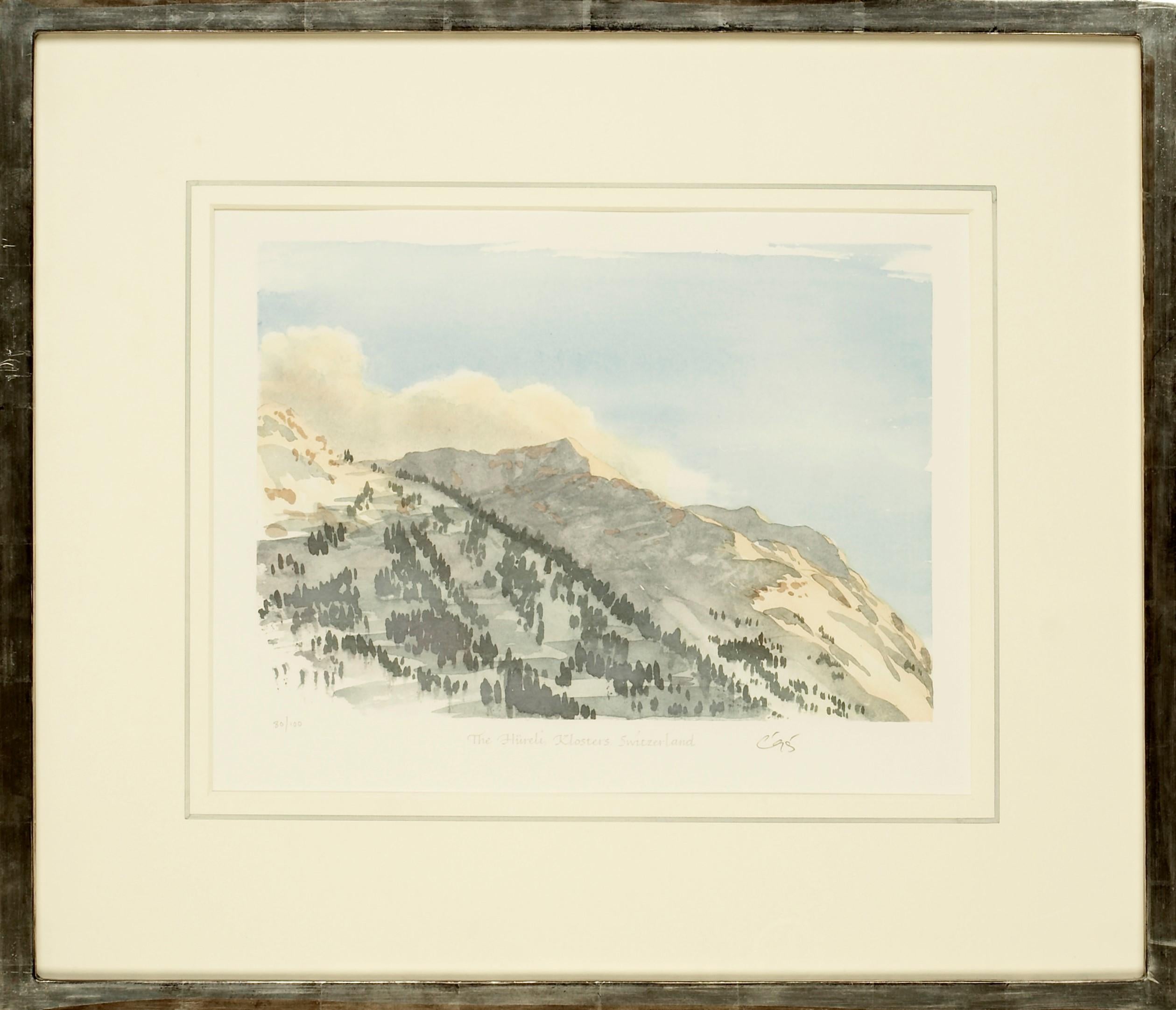 Klosters - Signierte Lithographie, Royal Art, Schweiz, Berge, Hüreli, Skifahren  (Akademisch), Print, von His Majesty King Charles III