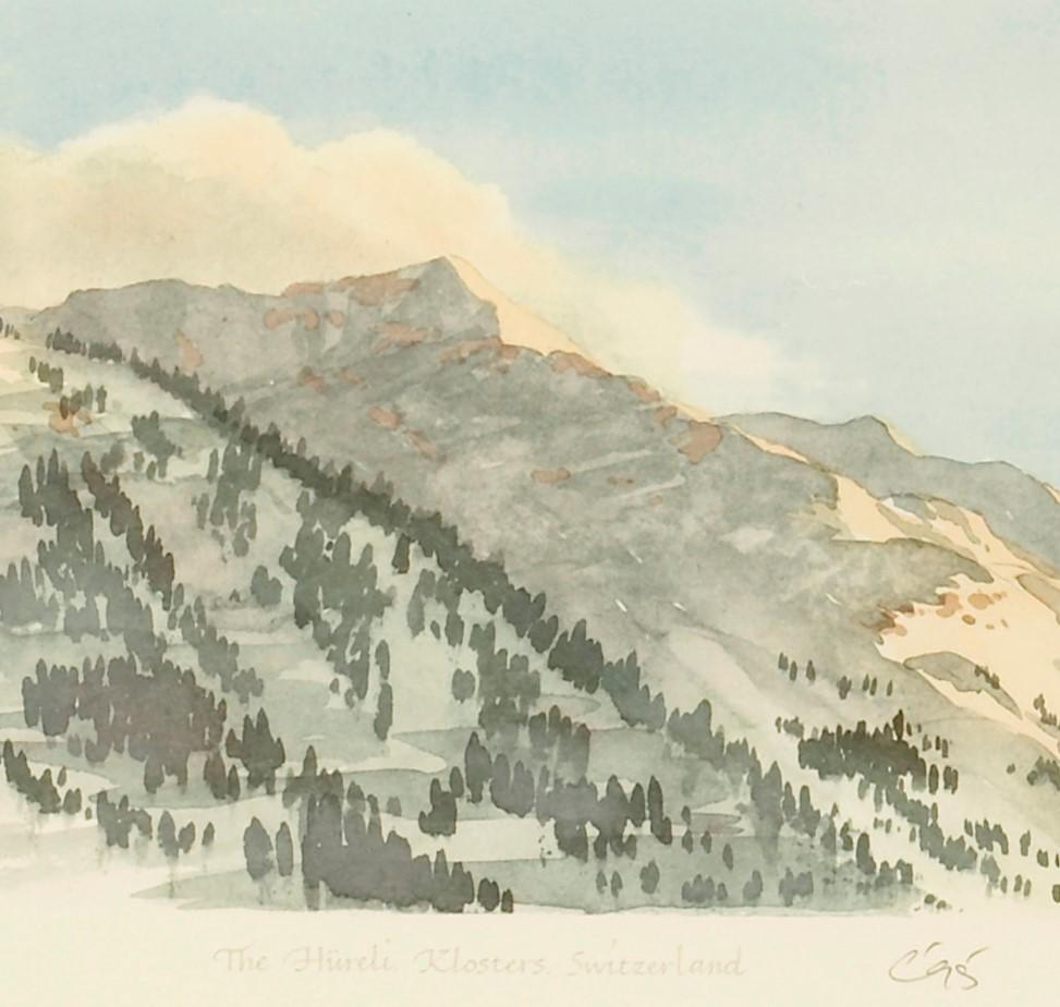 Klosters - Signierte Lithographie, Royal Art, Schweiz, Berge, Hüreli, Skifahren  (Grau), Landscape Print, von His Majesty King Charles III