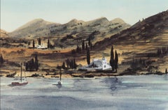 Isola greca, barche da pesca - Litografia firmata, Arte reale, Grecia, Colline, Spiaggia