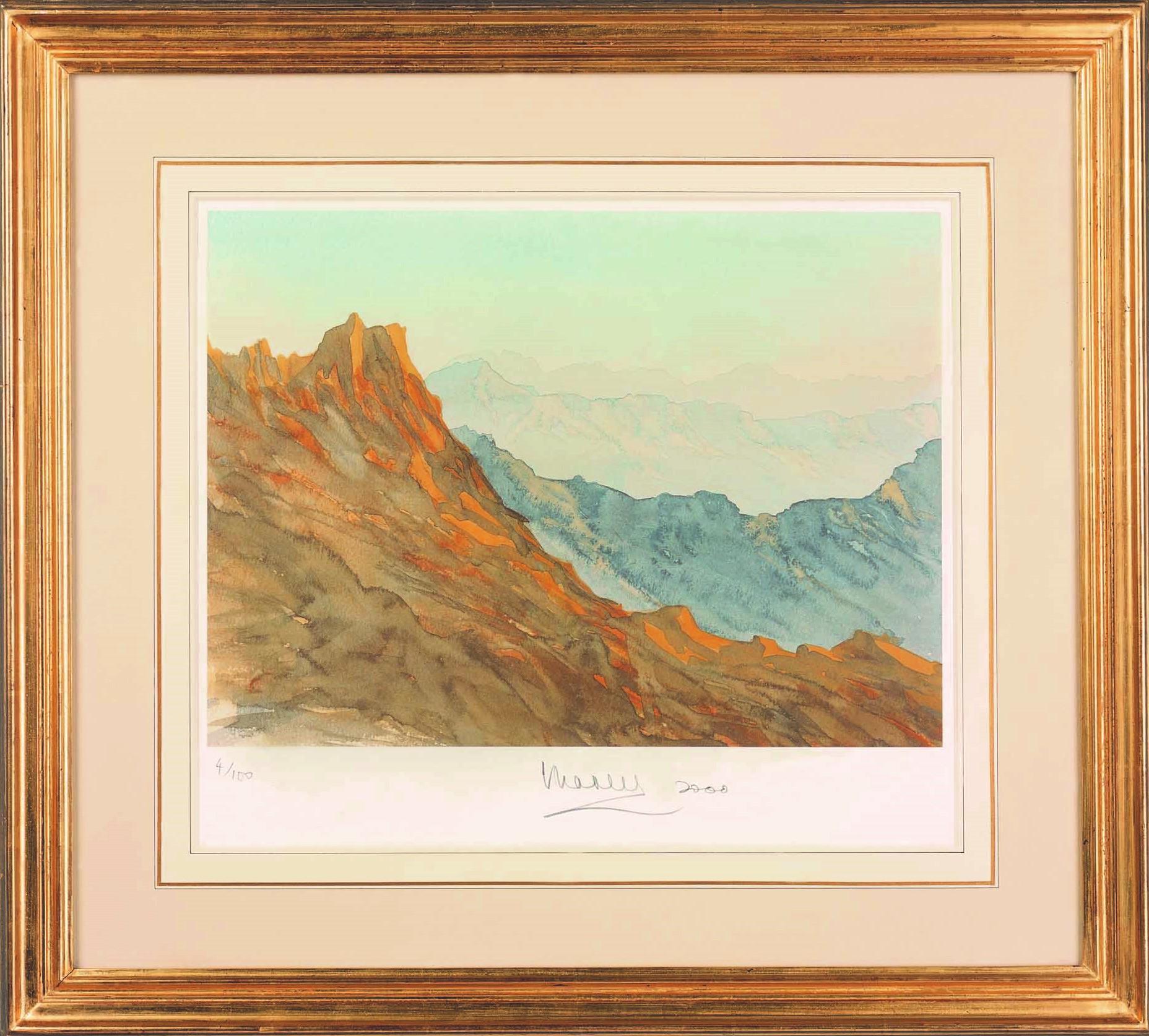 Überblick auf Wadi, Saudi-Arabien – signierte Lithographie, Königliche Kunst, Berge, Asir – Print von His Majesty King Charles III