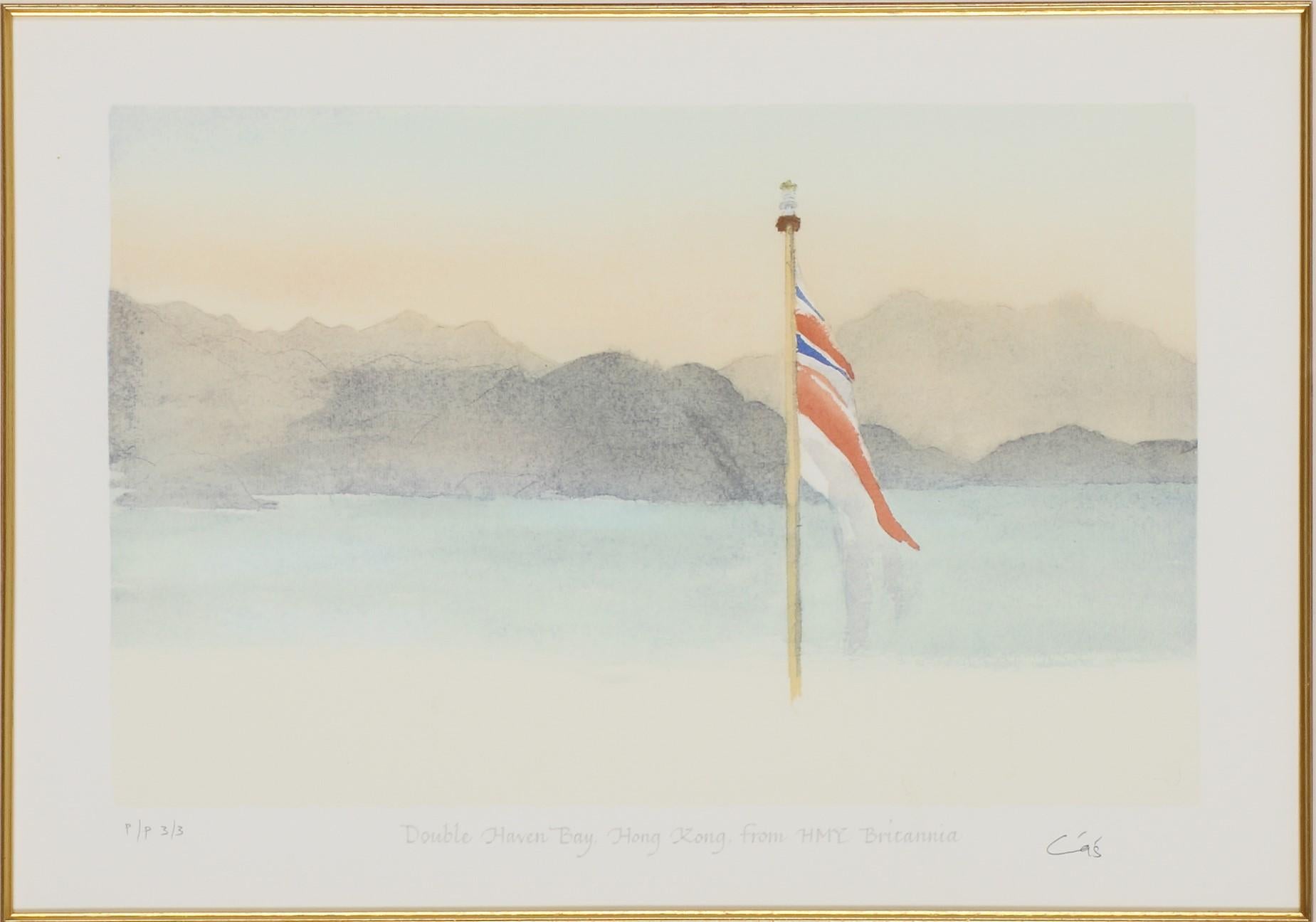 Hong Kong from HMY Britannia - Signed Lithograph, Royal Art, Union Jack, - Print by His Majesty King Charles III