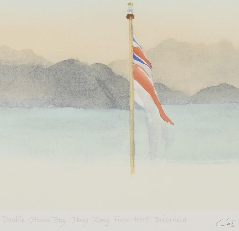 Hong Kong from HMY Britannia - Signed Lithograph, Royal Art, Union Jack, - Beige Print by Charles (Prince of Wales)