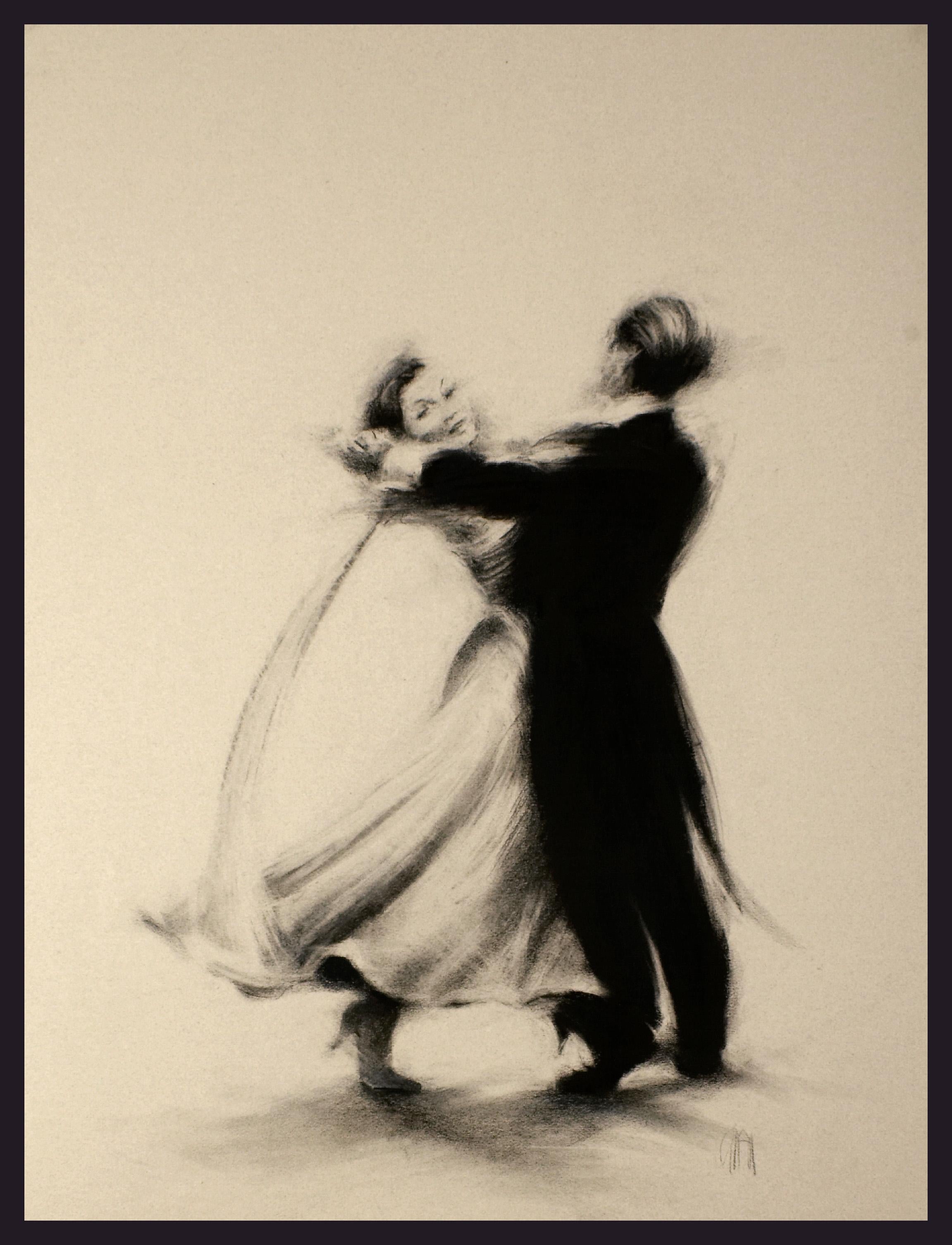 Ballroom-Tänzer II - Holzkohle, figürlich, Stoff, Bewegung, menschliche Form