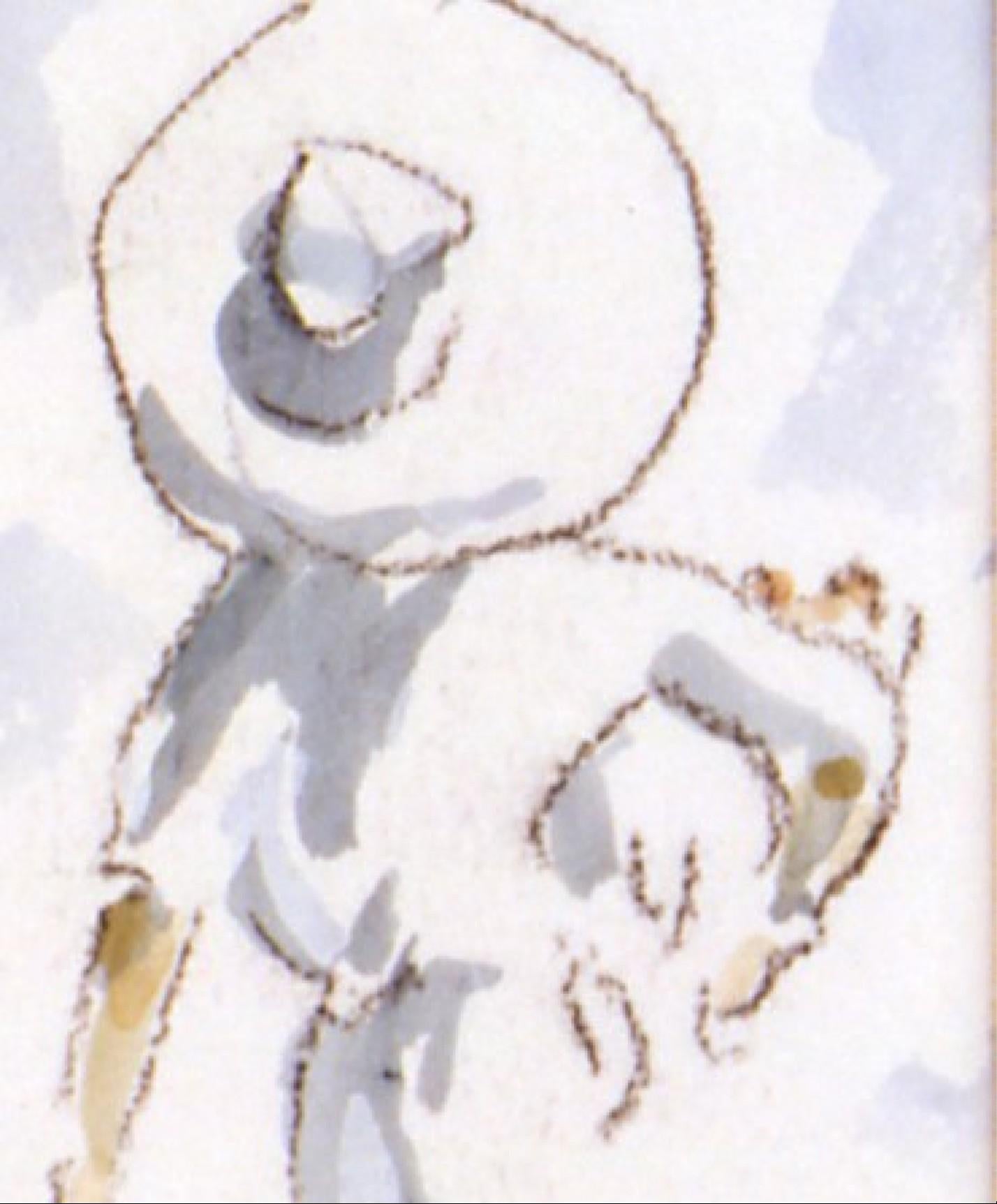 Beach Scene, Figure with Dog is an original watercolour by British artist Charlie Mackesy. It is a fun and quirky depiction of a woman on the beach carrying her dog. The piece comes in a handmade silver leaf frame. Belgravia Gallery has worked with