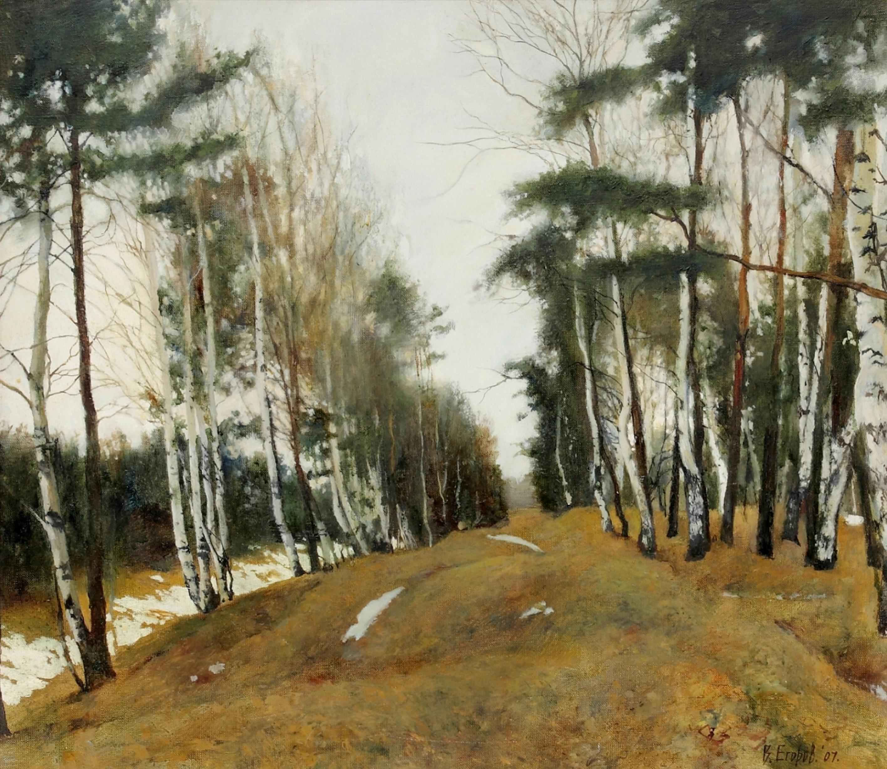 Receding Snow is an original oil onto canvas by Russian painter Victor Egorov. It depicts the turning of seasons as Egorov details the receding snow from the clearings within the woodland.  Egorov's realist style remains influenced by the