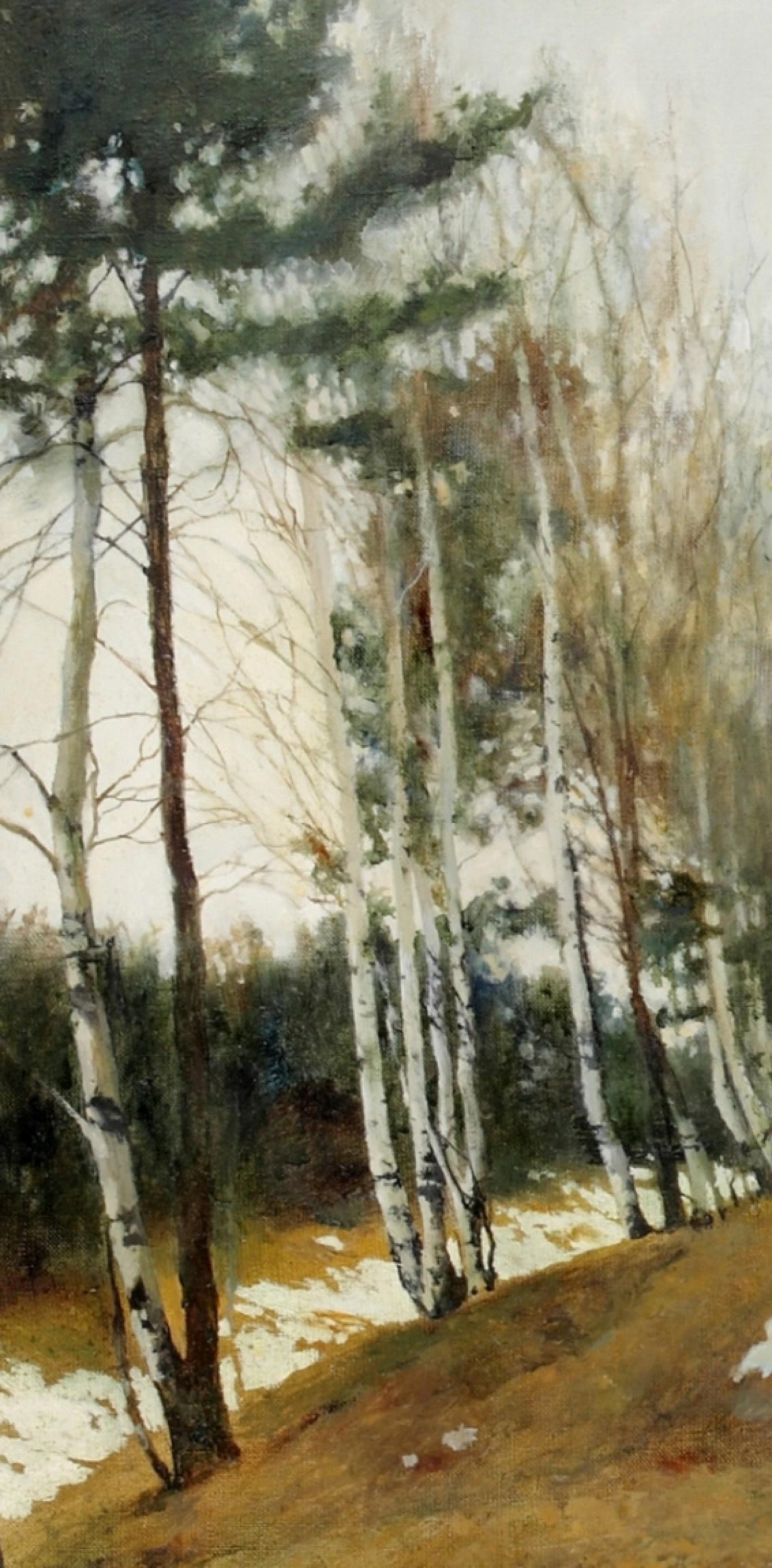 Snow Receding - Victor Egorov, Russian, Landscape, Snow, Woodland, Season, birch For Sale 2