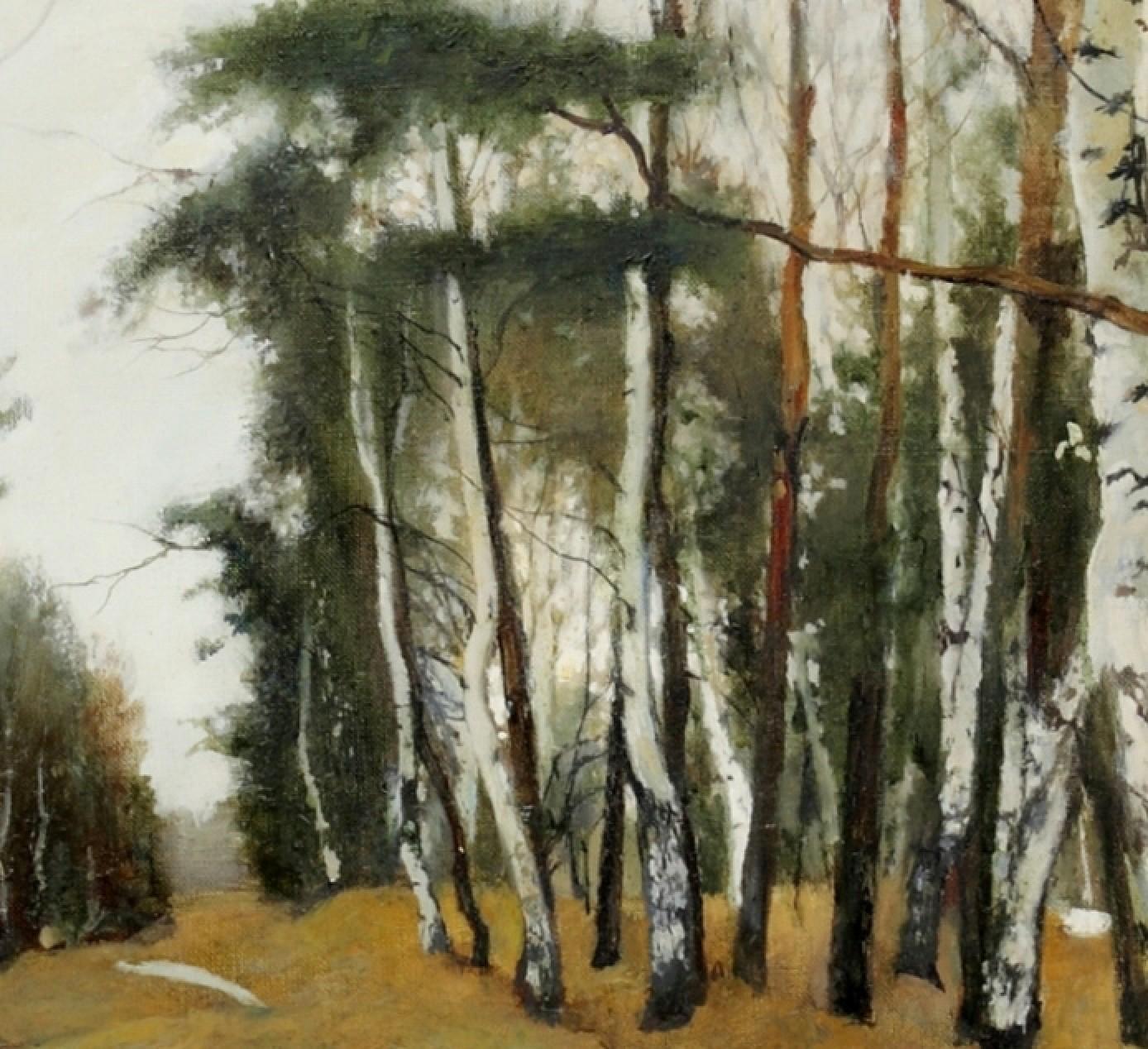 Snow Receding - Victor Egorov, Russian, Landscape, Snow, Woodland, Season, birch For Sale 3