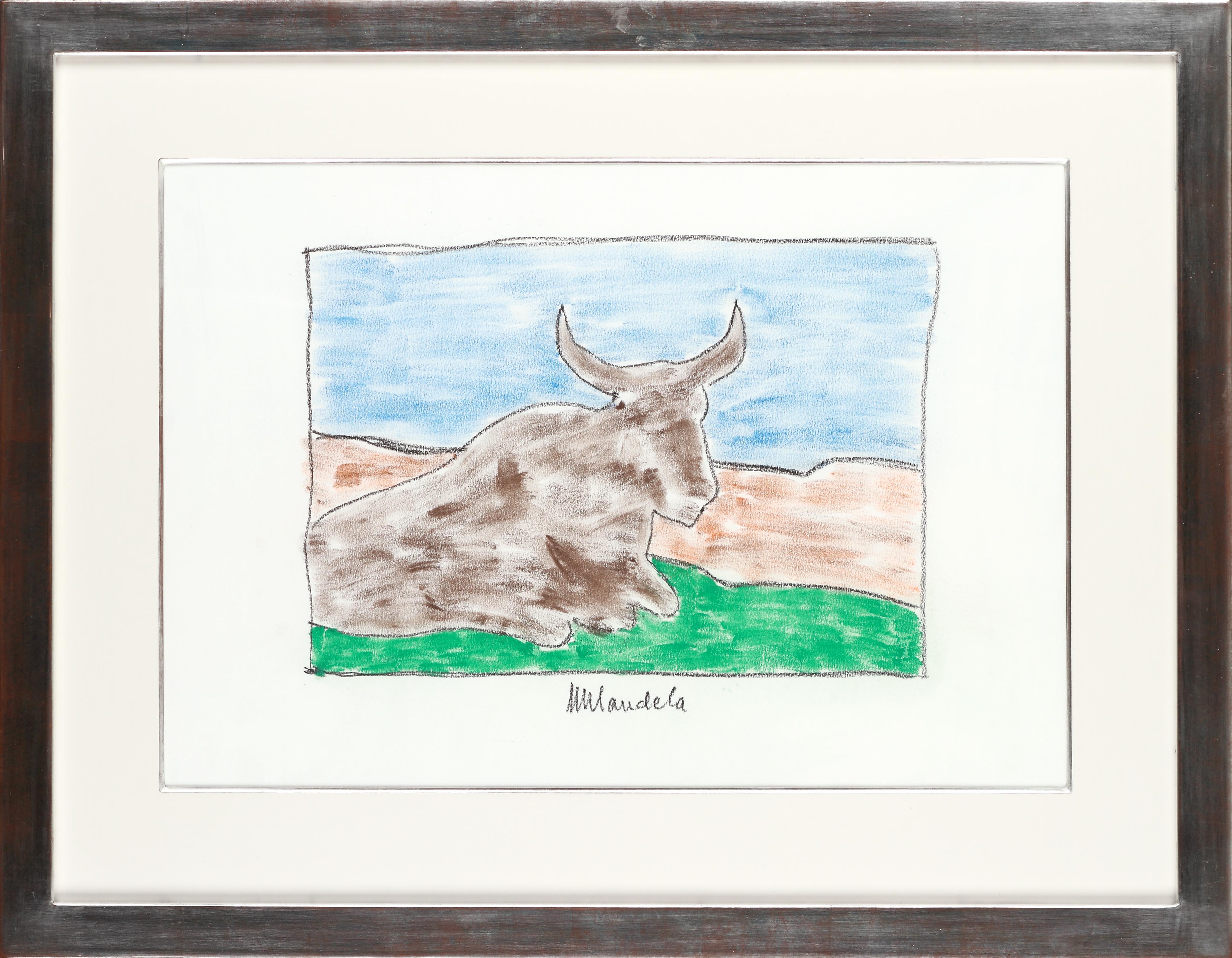 Madiba’s Nguni Bull I - Mandela, Former South African President, Original Art - Gray Animal Art by Nelson Mandela