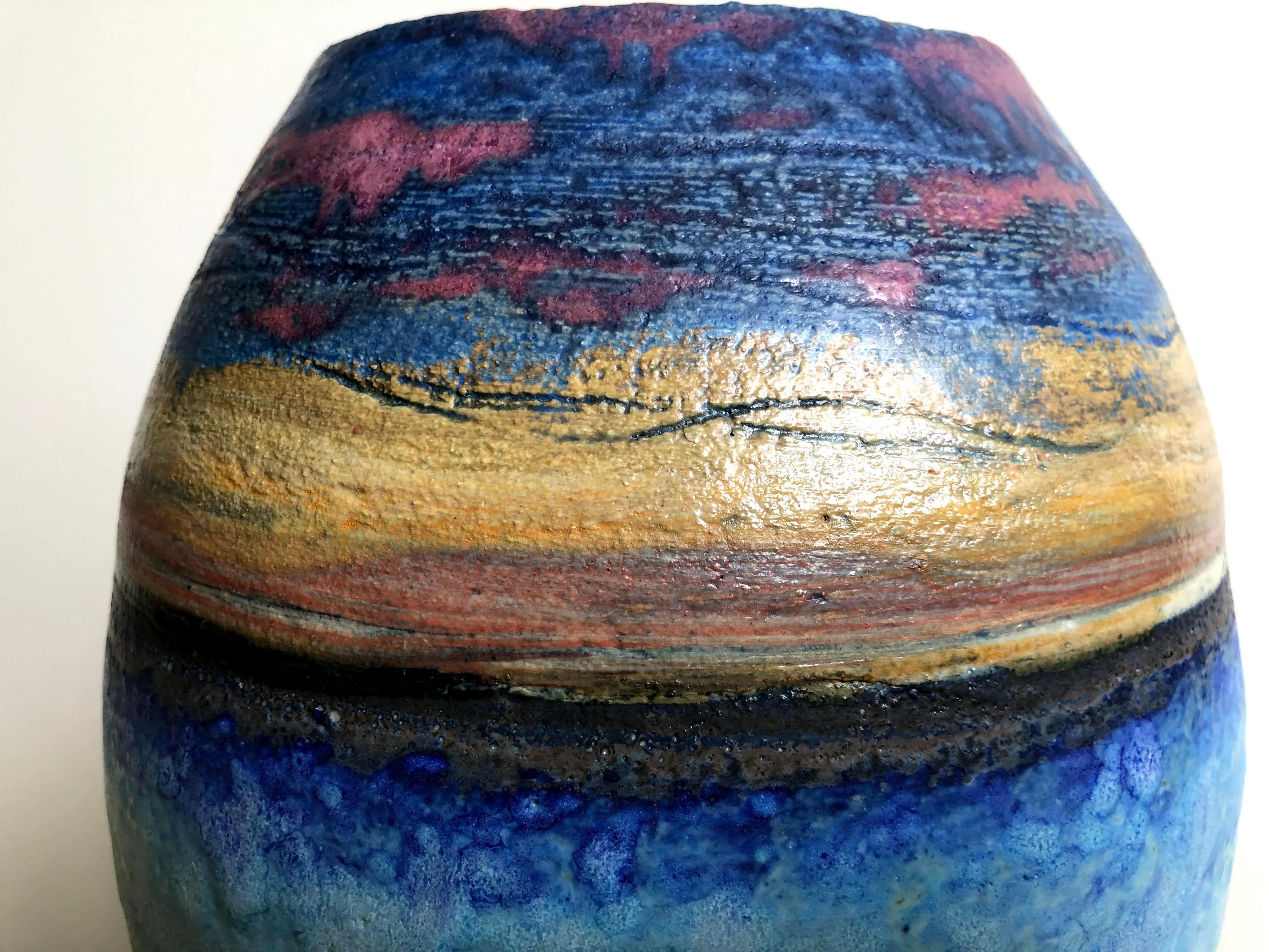 A Large Minoan style vessel inspired by the views, constantly changing light and rugged beauty of the Atlantic Ocean and coastal moorland of West Cornwall. Individually hand thrown by sculptor and ceramicist Colin Caffell who experiments with