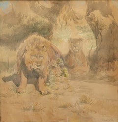 Antique Lion et Lionnes - Realism, Animal Drawing, Work on Paper, Mid 19th Century