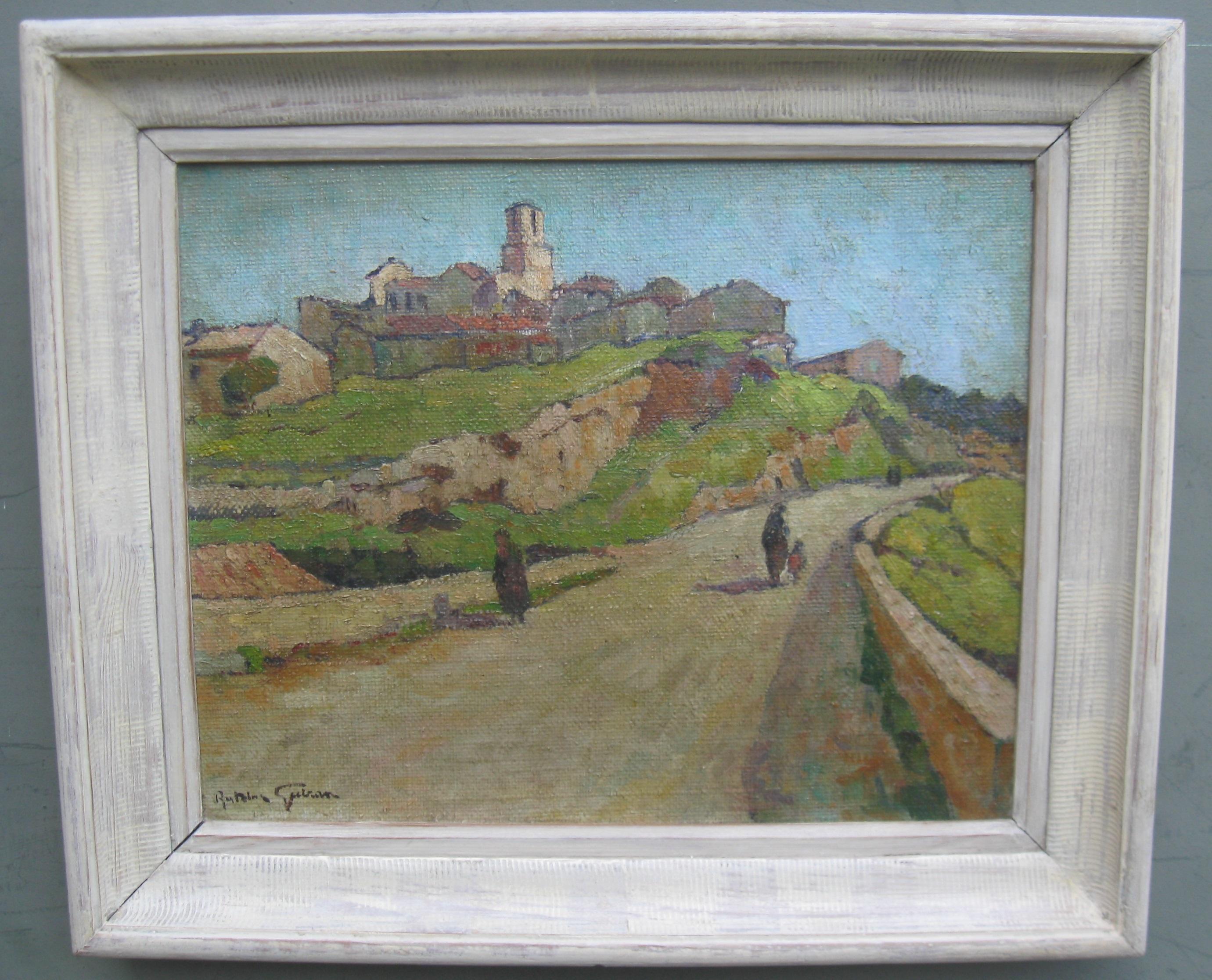 « Hill Top Town, Provence, France » Huile impressionniste sur toile, circa 1950. - Painting de Antoine Guiran