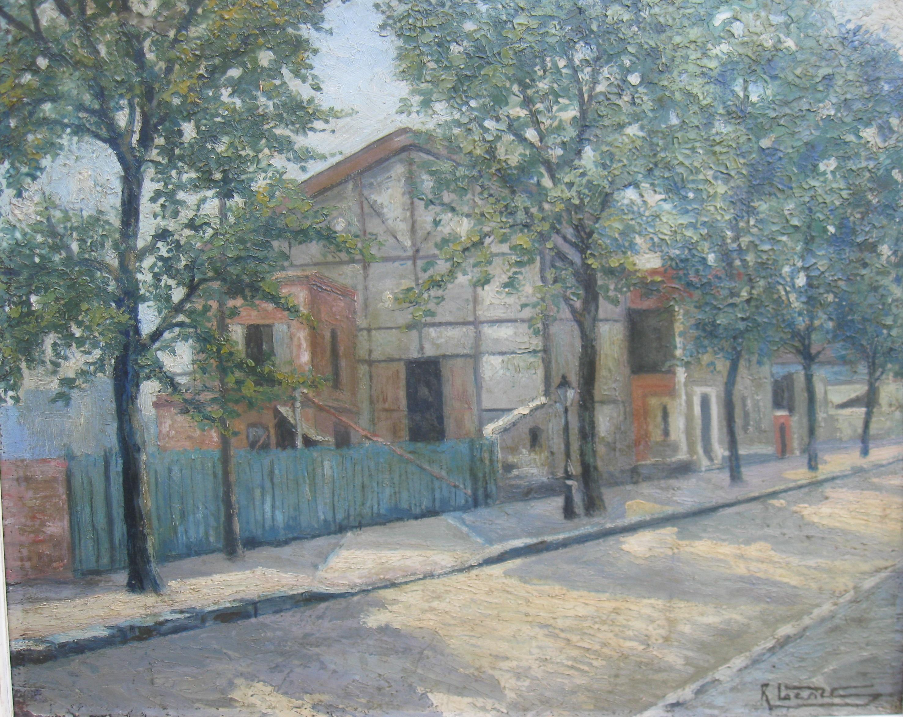 Rene Sim Lacaze Landscape Painting – „Atelier, Pariser Straßenszene“, impressionistisches Ölgemälde auf Karton, um 1930