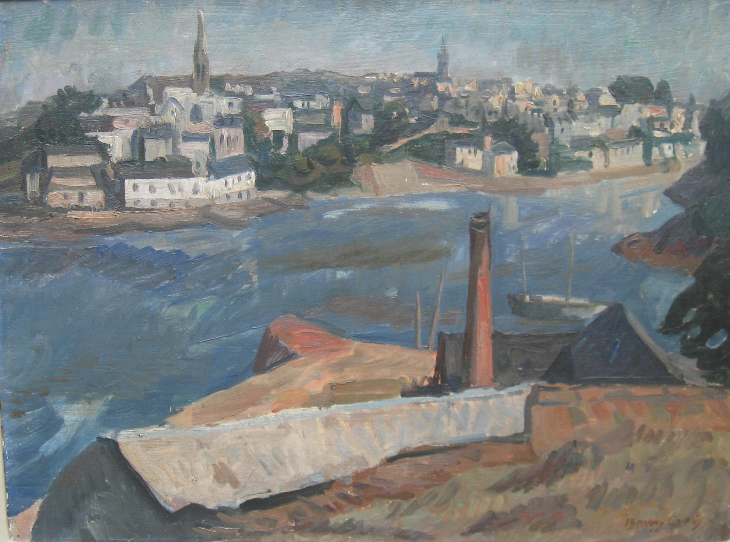 Frank Barrington Craig Landscape Painting - 'View of a Port, Brittany' large oil circa 1946