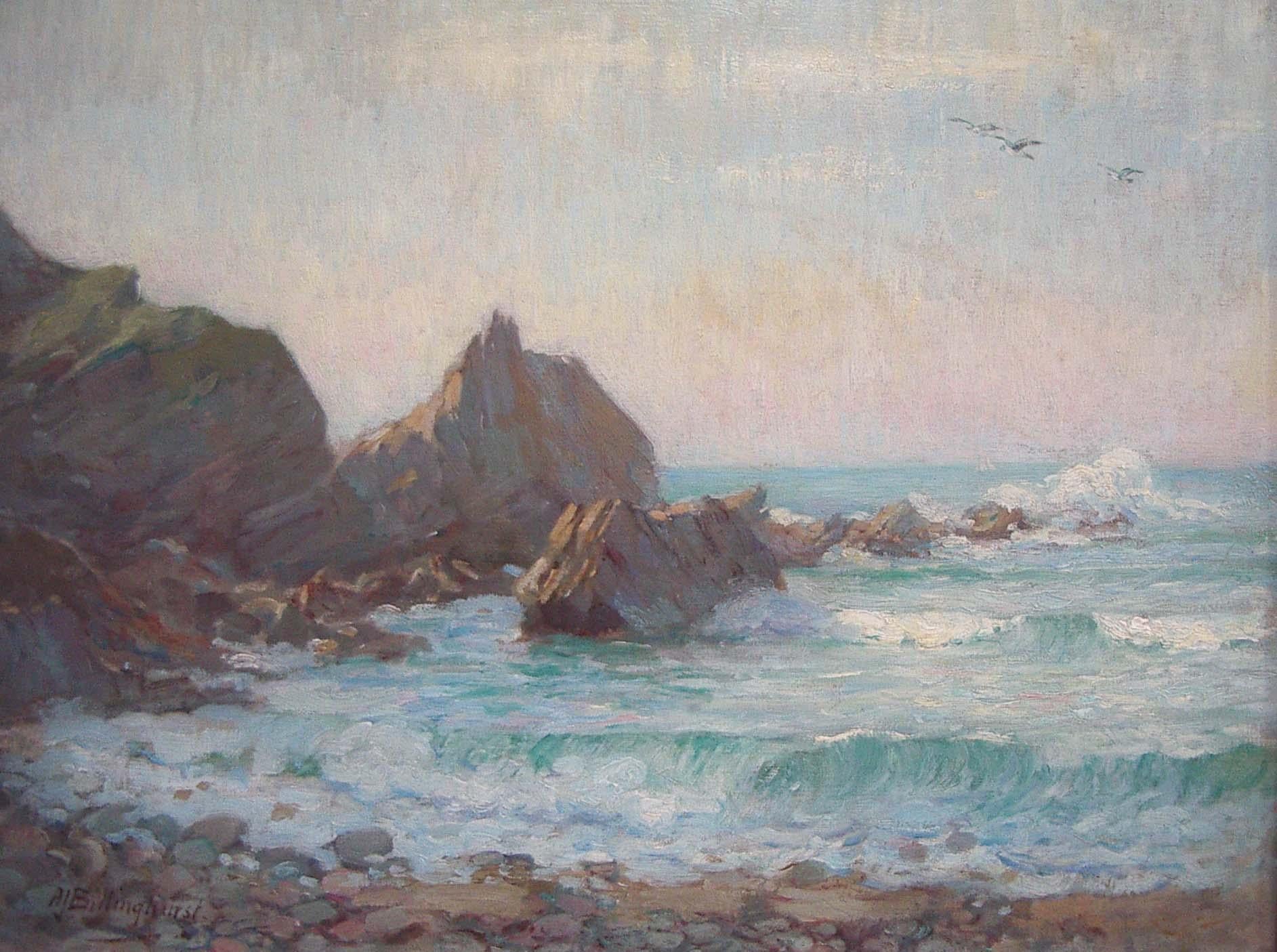 Cala Kynance. Cornwall' Escena de playa impresionista óleo circa 1930