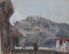 „Continental Landscape Street Scene“-Aquarell um 1890