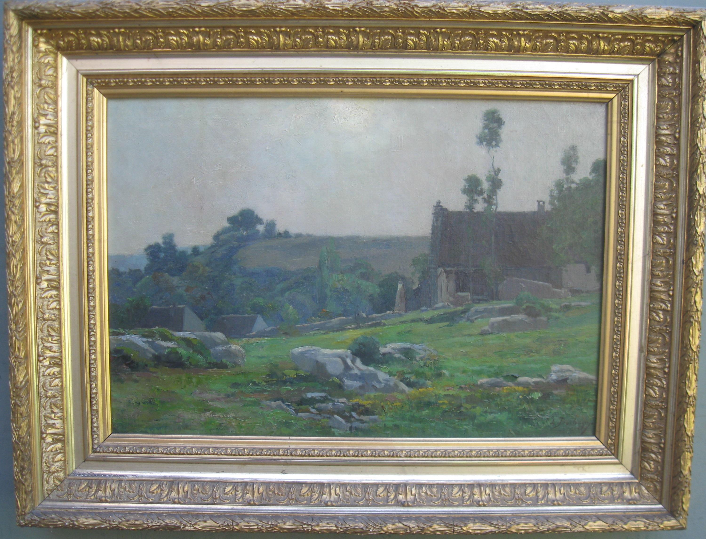 Impresionista francés: Paisaje de ladera con viviendas óleo circa 1860