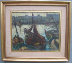 'Landing the Catch', Harbour Evening Scene oil on canvas circa 1950's
