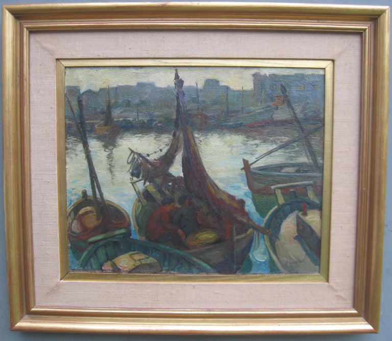 Leroy Querol Figurative Painting - 'Landing the Catch', Harbour Evening Scene oil on canvas circa 1950's