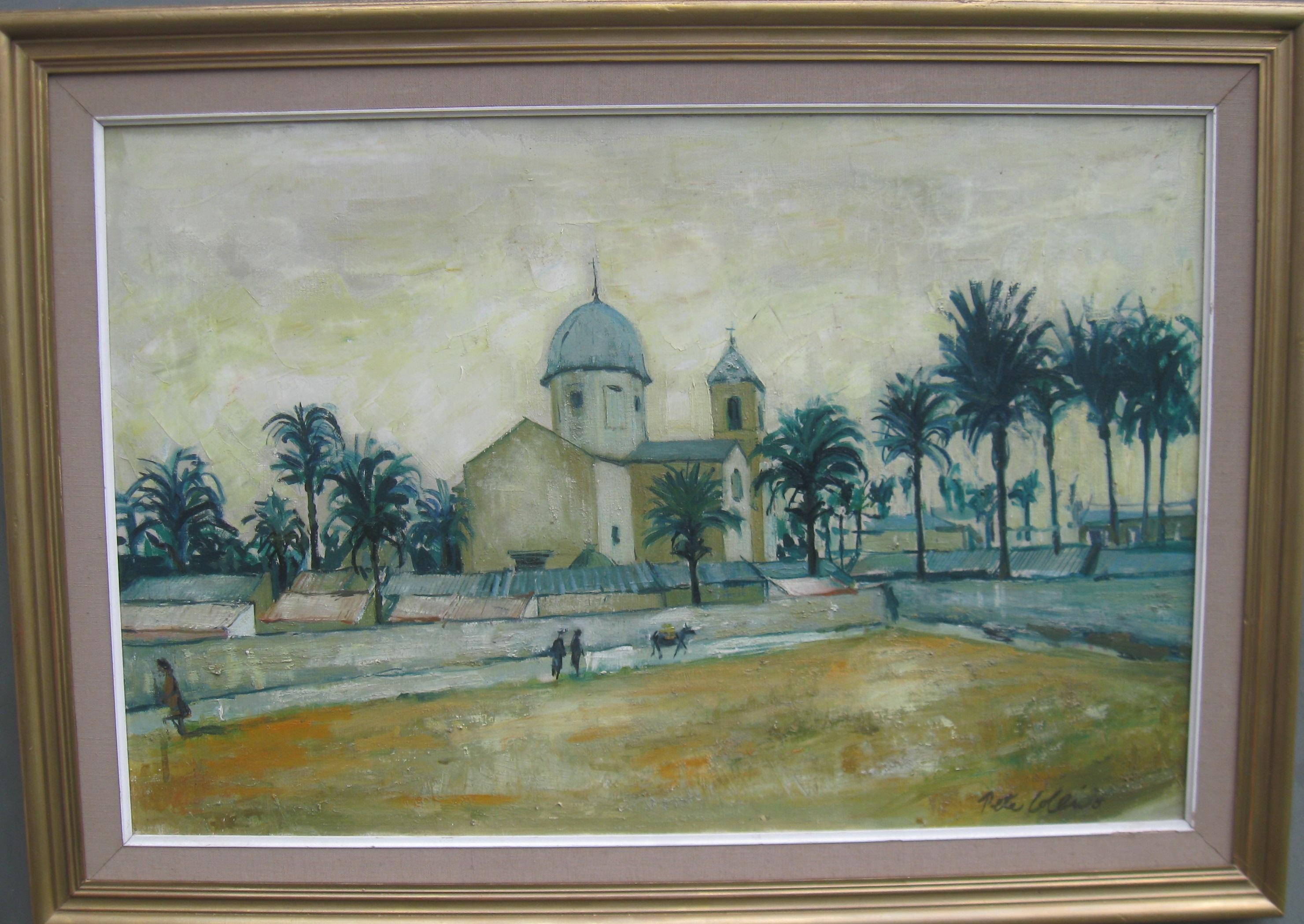 Large oil of a Mediterranean Town circa 1960's well listed artist