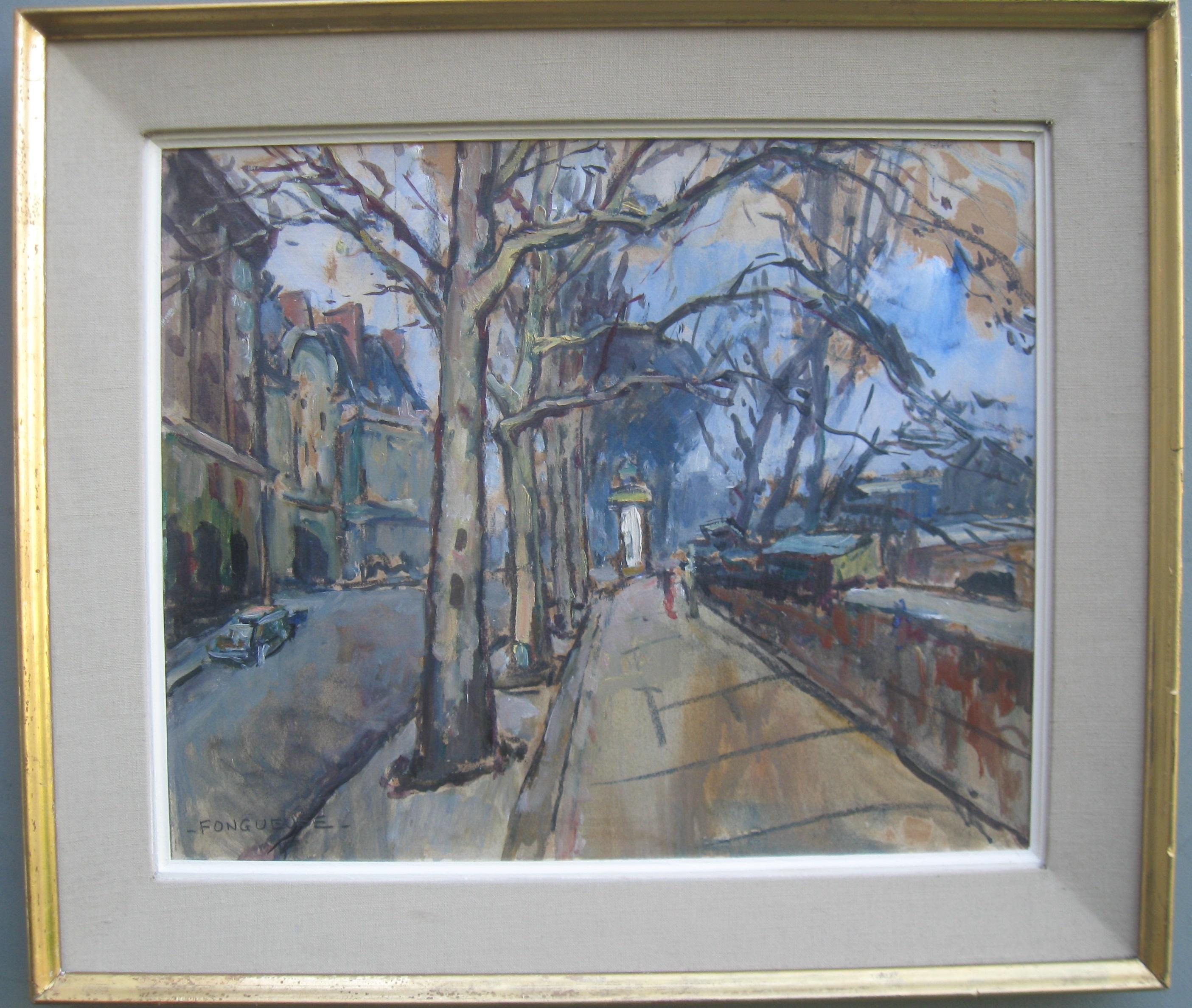 Maurice Fongueuse Landscape Painting - French Impressionist: Paris Street Scene near The river Seine oil circa 1950's
