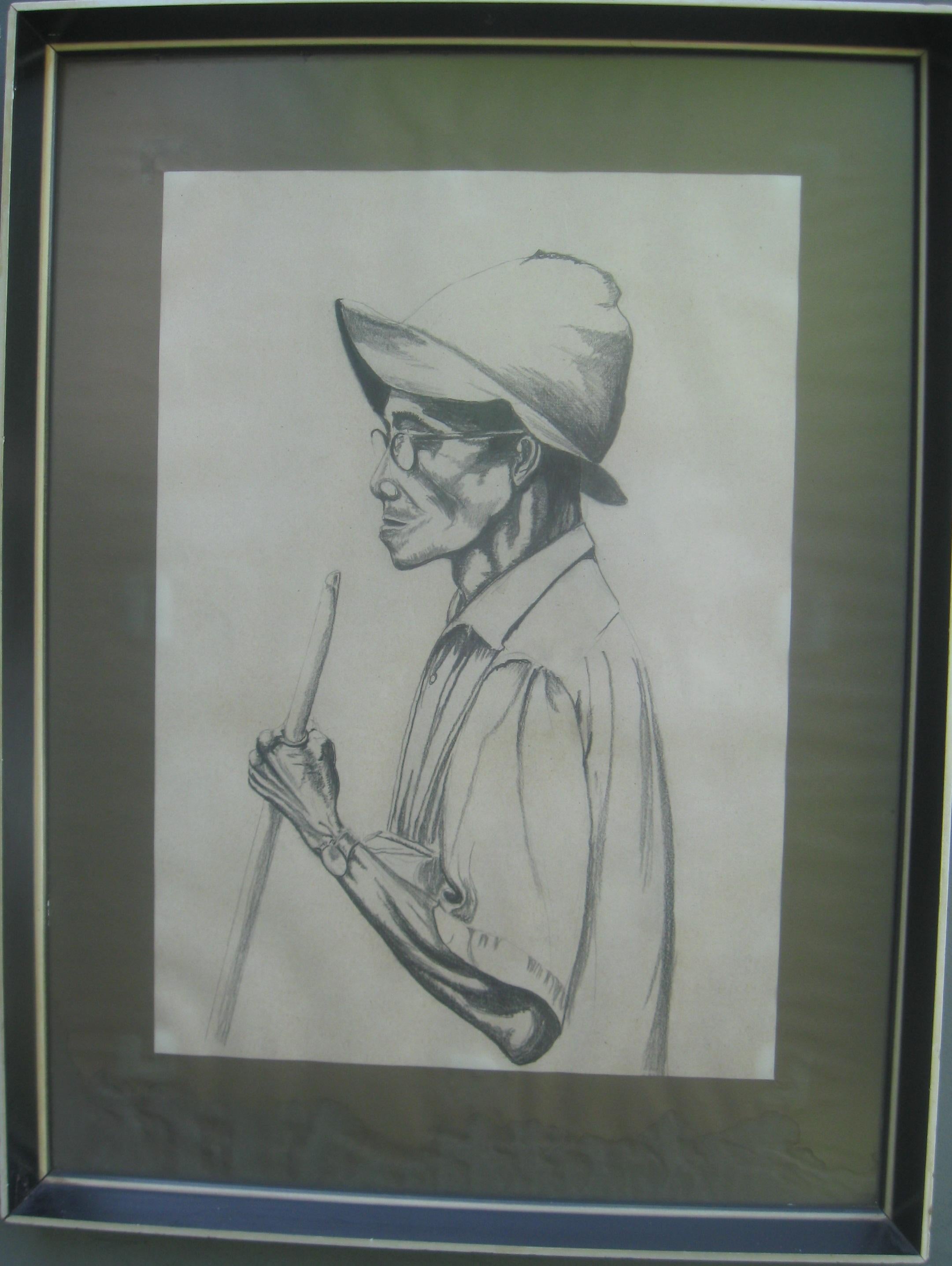 'Portrait of a Tribesman.'  Pencil and Conte crayon on paper circa 1960's.  - Art by Unknown